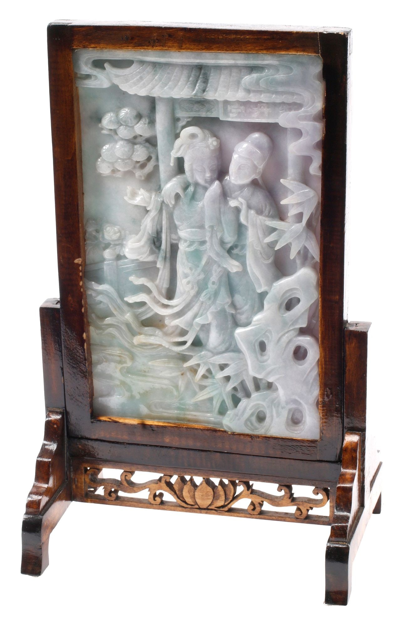 CHINESE CARVED BURMESE JADE TABLE SCREEN: Chinese carved Burmese jade table screen, depicting two female maidens in verdant courtyard, in hardwood frame, approx 15.5"h, 9.5"w, 6.5"d, 6.25lbs 