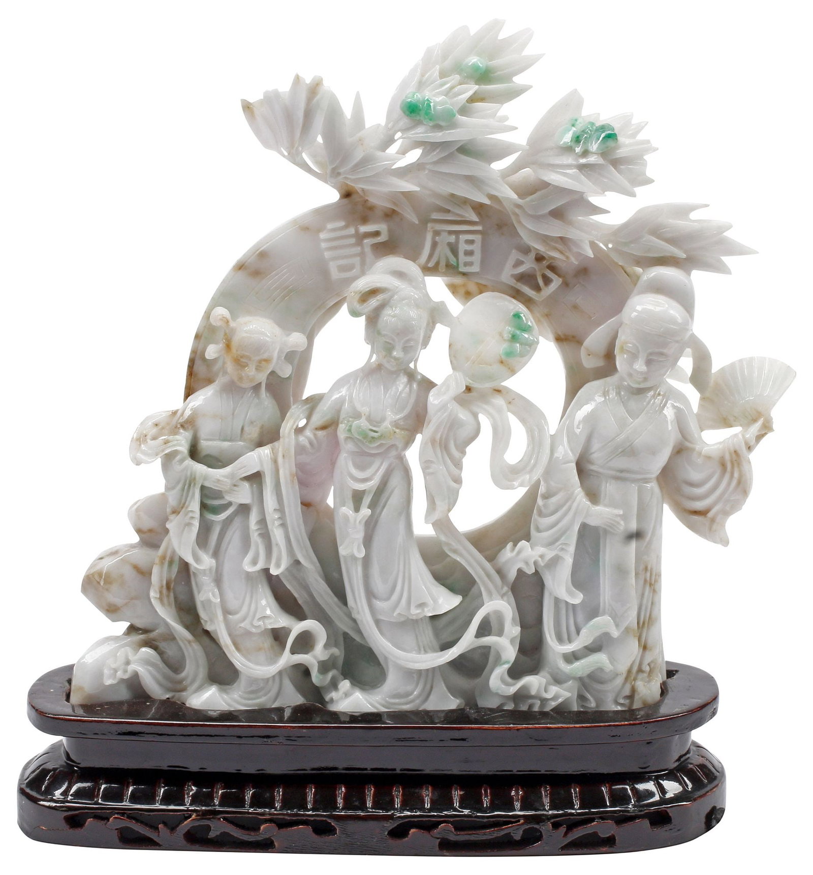 CHINESE CARVED BURMESE JADE FIGURAL GROUP ON WOOD BASE, COURT LADIES: Chinese carved Burmese jade figural group, depicting three court ladies holding fans, standing in front of a foliated disc, on integral ovular wood stand, small chips to raised foliates, overall: