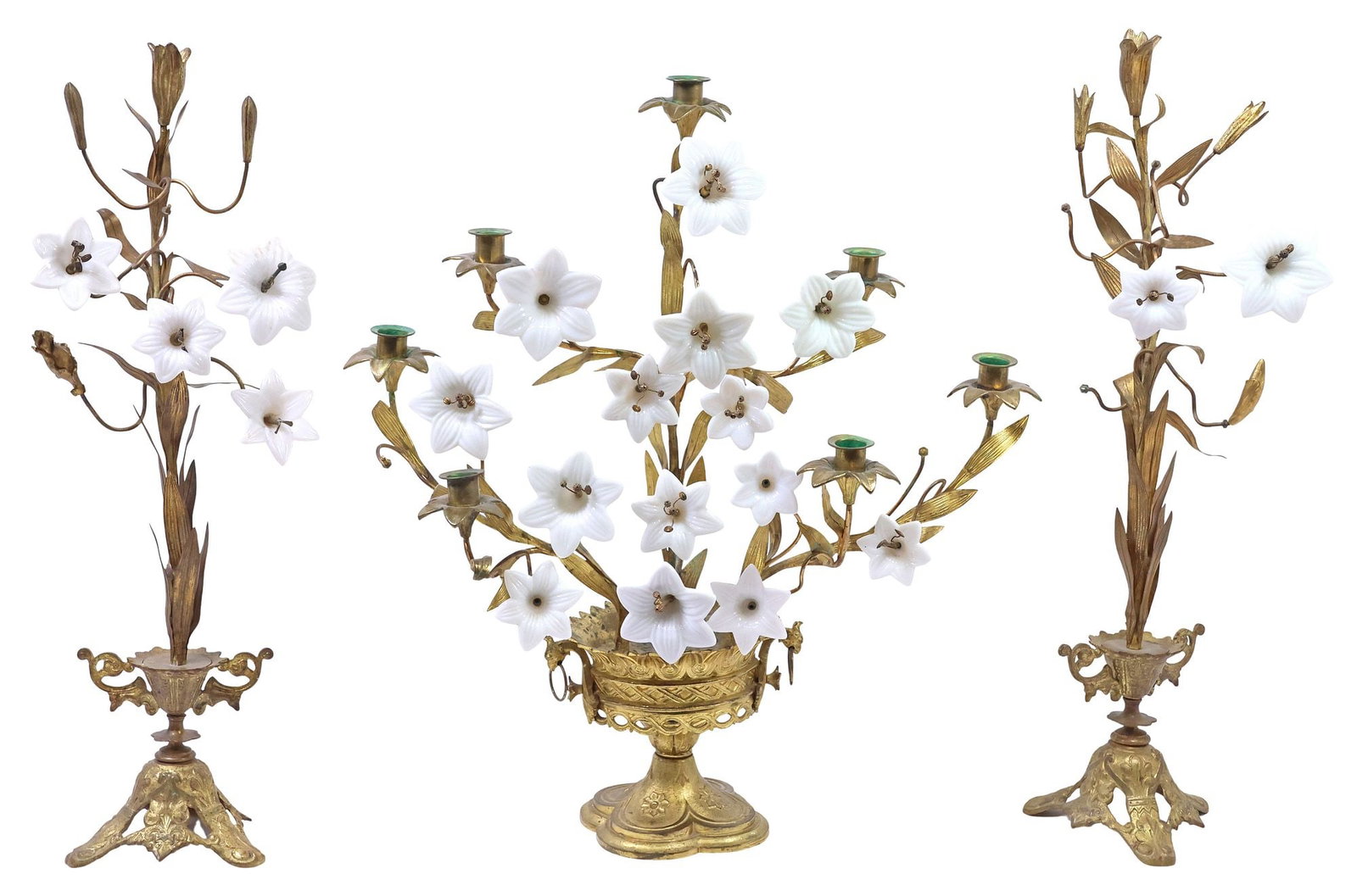 (3) FRENCH GILT METAL & OPALINE GLASS FOLIATE ALTAR GARNITURE SET: (lot of 3) French gilt metal altar garniture set, assembled, late 19th c., each having narrow stem, flanked by brass leaves and opaline glass flowers, including (1) seven-light candelabra, having