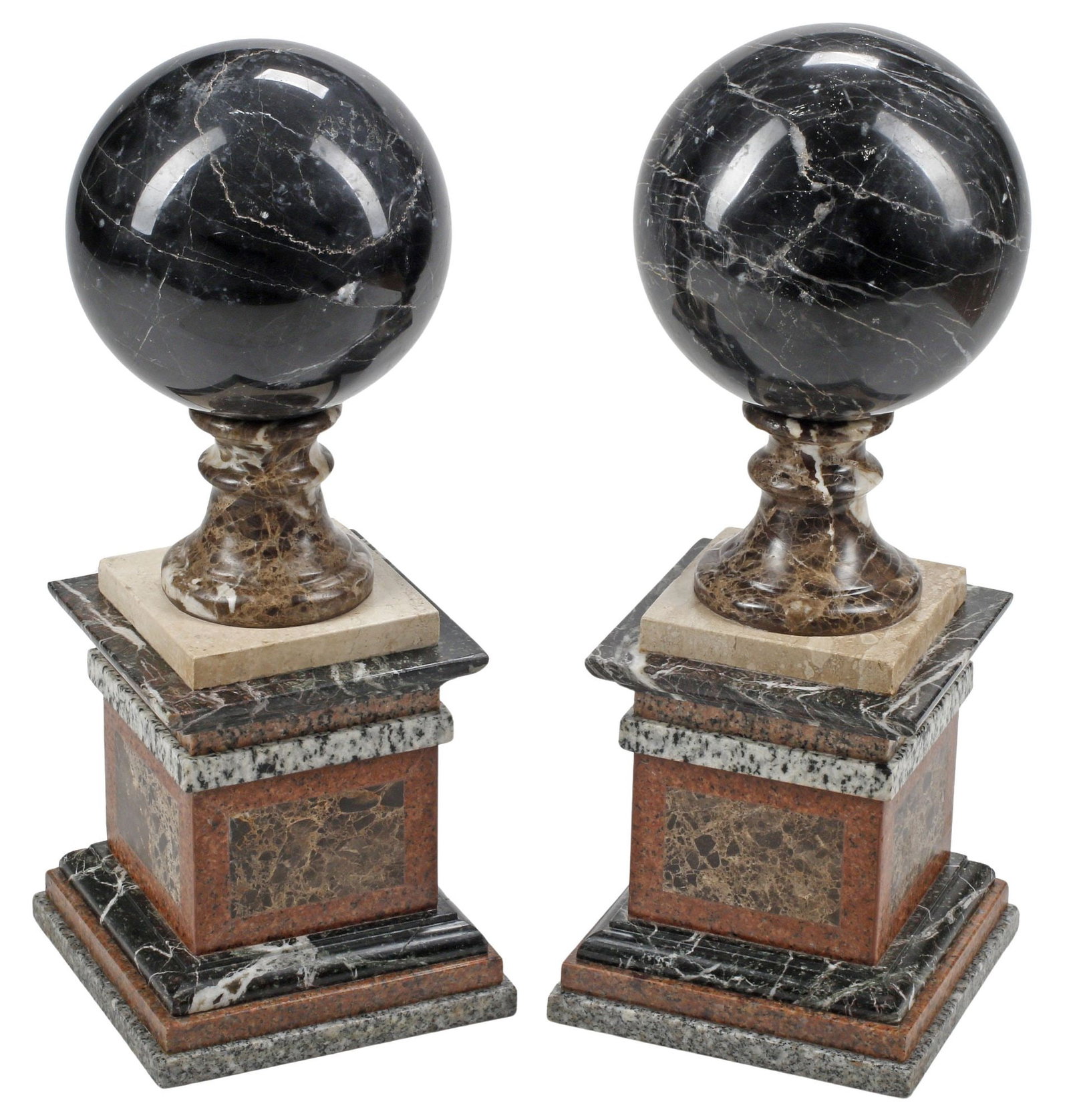 (2) GRAND TOUR STYLE BLACK MARBLE SPHERES ON POLYCHROME PEDESTALS, 21"H: (pair) Large Grand Tour style black marble spheres, each rising on square polychrome marble pedestal, overall: approx 21"h, 8"w, 8"d