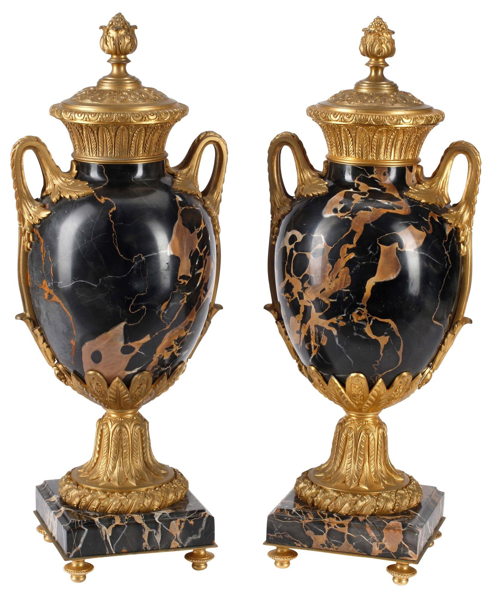 (2) FRENCH ORMOLU-MOUNTED BLACK MARBLE CASSOLETTES: (pair) French ormolu-mounted black marble cassolettes, 19th c., each having pineapple finial, above dual foliate handles, on footed platform, approx 21.5"h, 9"w, 7"d, 76lbs total 