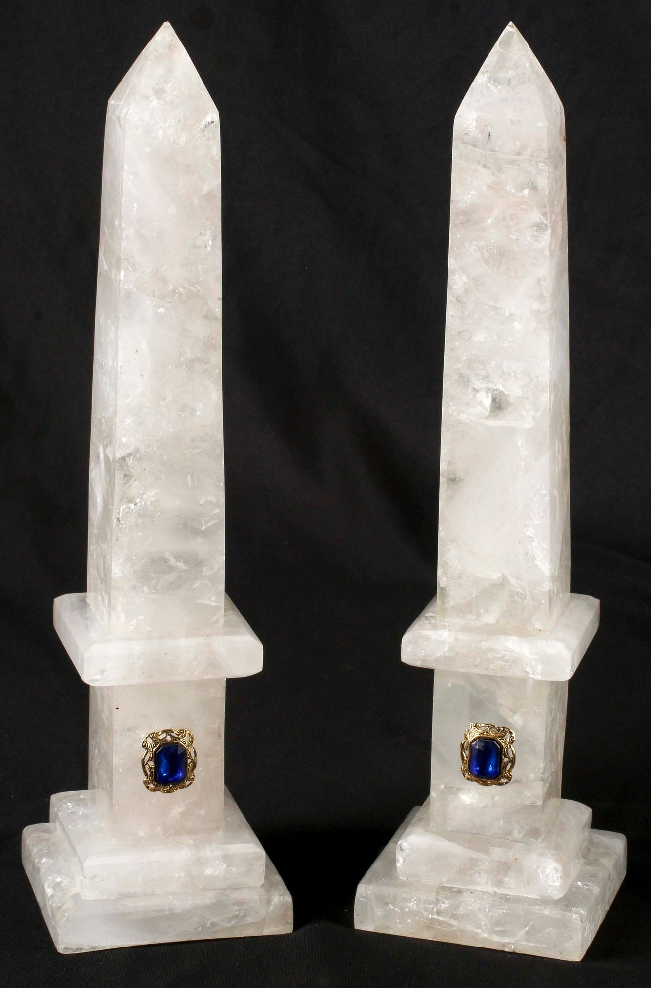 (2) JEWELED ROCK CRYSTAL OBELISKS, 16"H: (pair) Jeweled rock crystal obelisks, approx 16"h, 4"w, 4"d, 12.25lbs total 