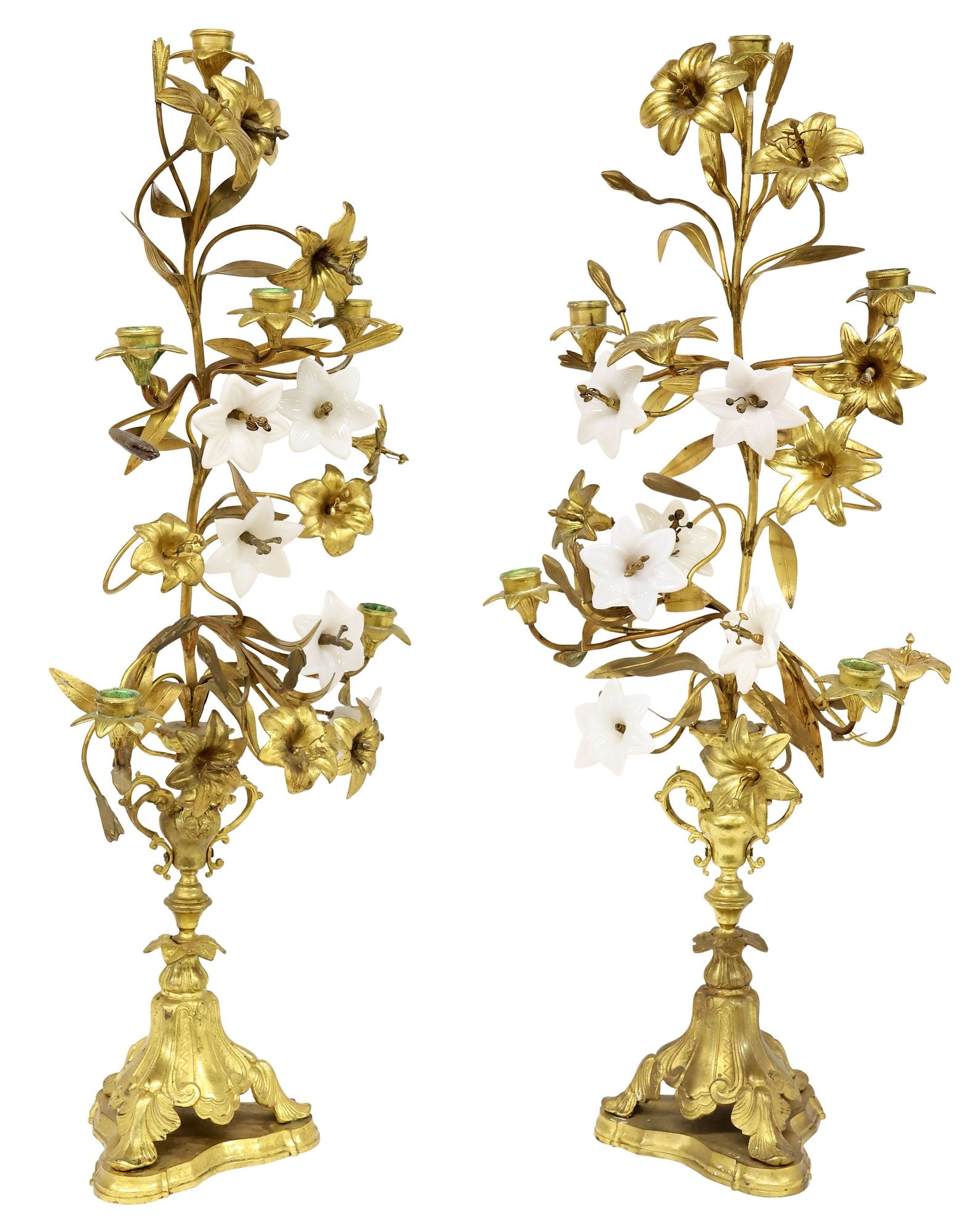 (2) LARGE FRENCH GILT METAL & OPALINE GLASS FOLIATE CANDELABRAS, 31"H: (pair) French gilt metal altar candelabras, late 19th c., each having narrow stem, flanked by brass and opaline glass flowers, ending on tripartite base, slightly varied with (one) having six candle