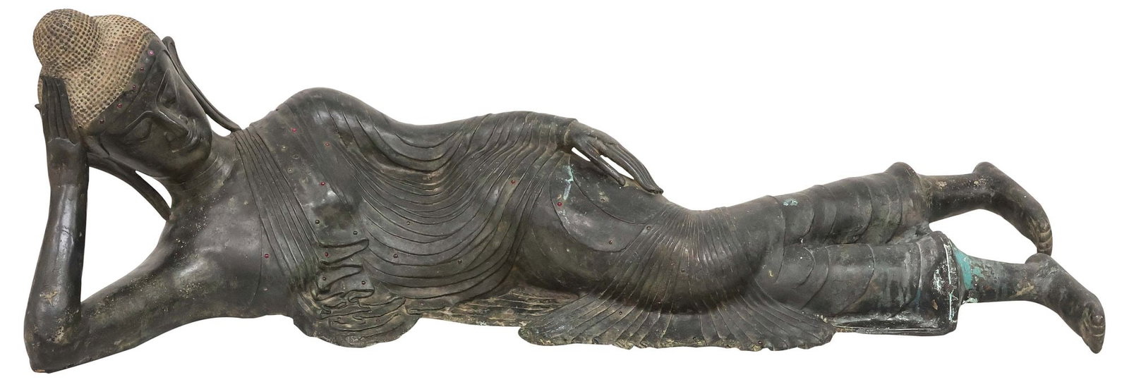 LARGE SOUTHEAST ASIAN GEMSTONE INLAID BRONZE, PARINIRVANA BUDDHA, 41"L: Southeast Asian verdigris patinated bronze sculpture, likely Burmese or Thai, Reclined Buddha, depicted at the moment of his twelfth and final deed of entering Nirvana (Parinirvana, moment of death),