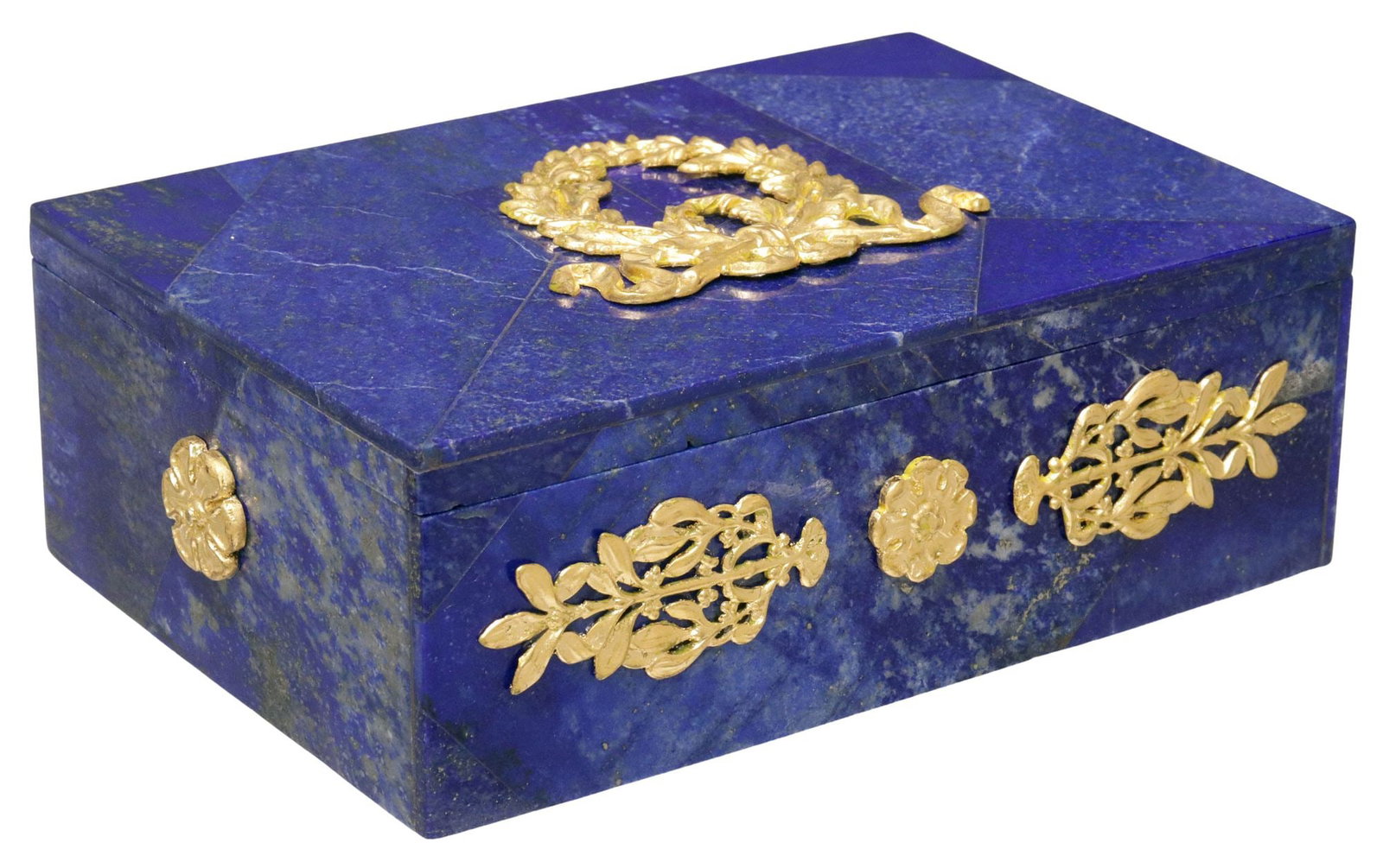 EMPIRE STYLE ORMOLU-MOUNTED LAPIS LAZULI TABLE BOX: Empire style table box, 20th c., of rectangular form, the exterior tiled with lapis lazuli, mounted with gilt-bronze laurel wreath, floral roundels, and foliate pendants, interior lining to base, 