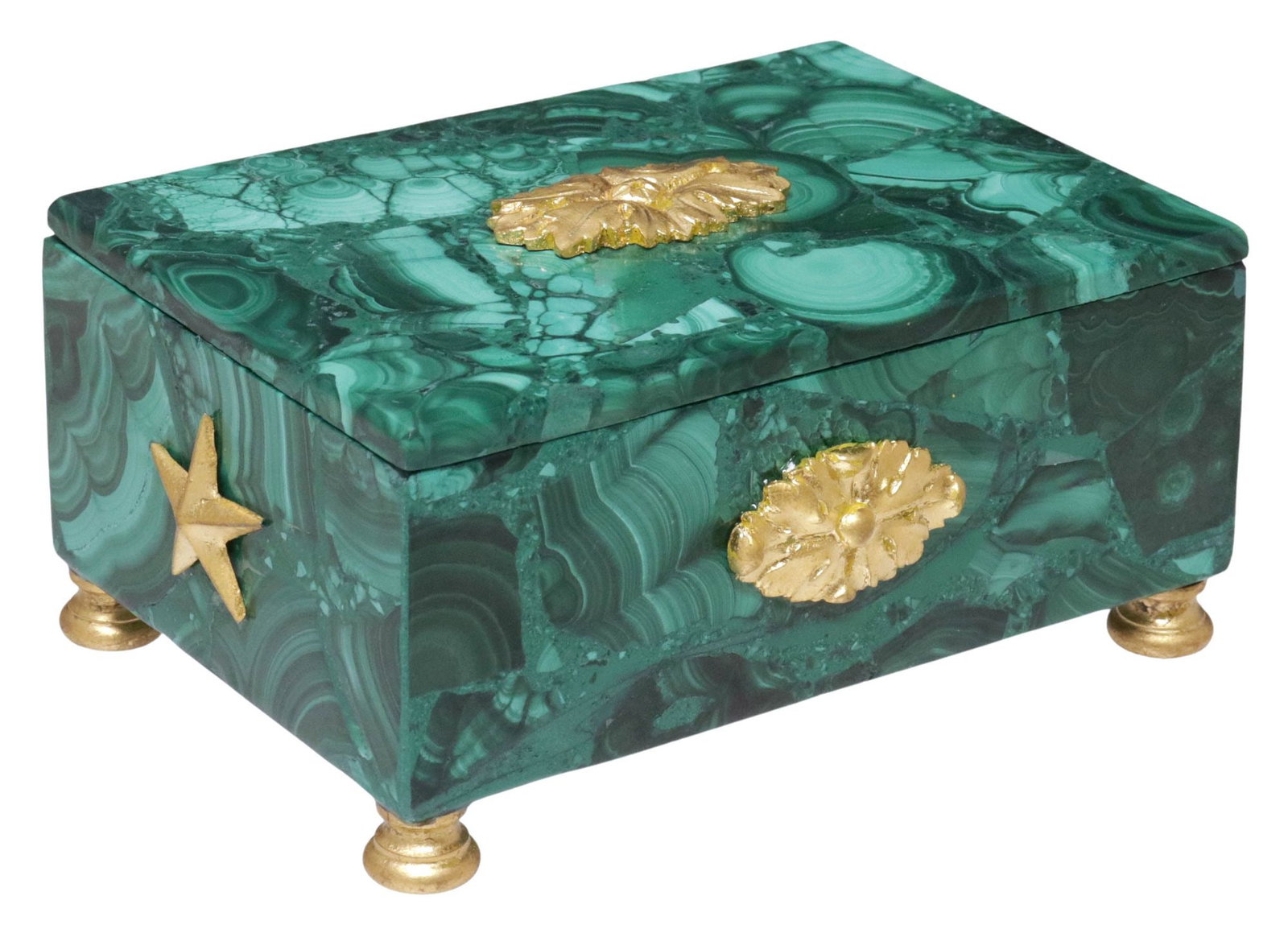 EMPIRE STYLE ORMOLU-MOUNTED MALACHITE TABLE BOX: Empire style table box, 20th c., lift-off cover and case of rectangular form, tiled with malachite, mounted with gilt-bronze floral bosses and stars, black lined interior, on cast feet, approx 1