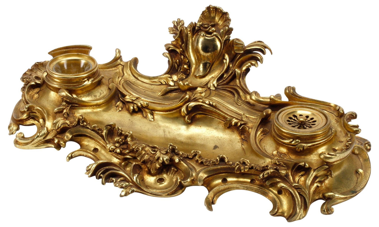 FRENCH LOUIS XV STYLE ORMOLU DOUBLE-INKWELL DESK STAND: French Louis XV style bronze dore desk set/ encrier, late 19th c., rocaille-form base cast with scrolling acanthus and flowers, fitted with two wells, one retaining foliate etched glass liner and one