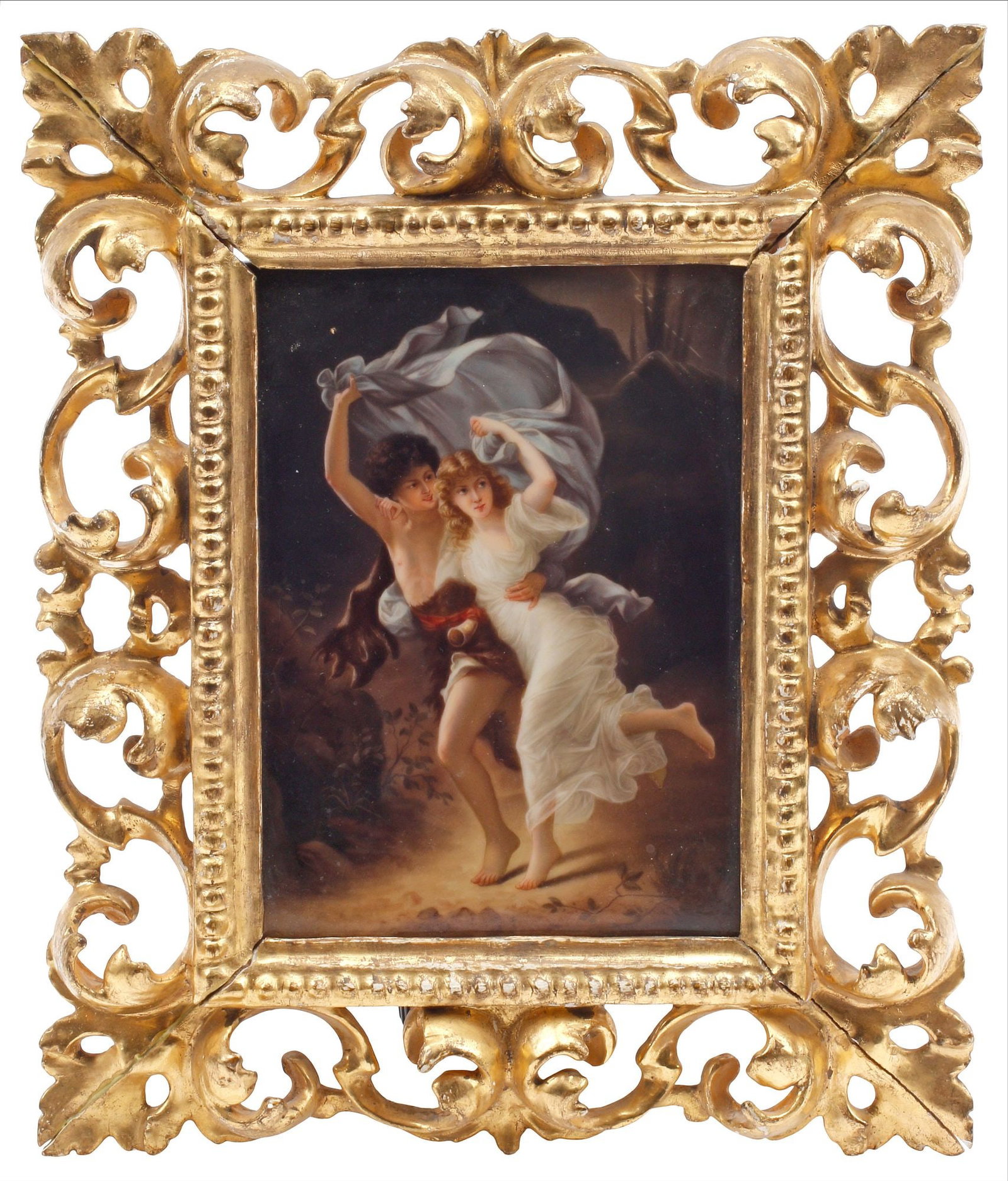 AFTER PIERRE-AUGUSTE COT (D.1883) GERMAN PORCELAIN PLAQUE, GILTWOOD FRAME: German Hutschenreuther hand-painted porcelain plaque, "After the Storm," after Pierre-Auguste Cot (French, 1837-1883), marked HR in a circle, numbered 311, presented in an ornate giltwood frame,