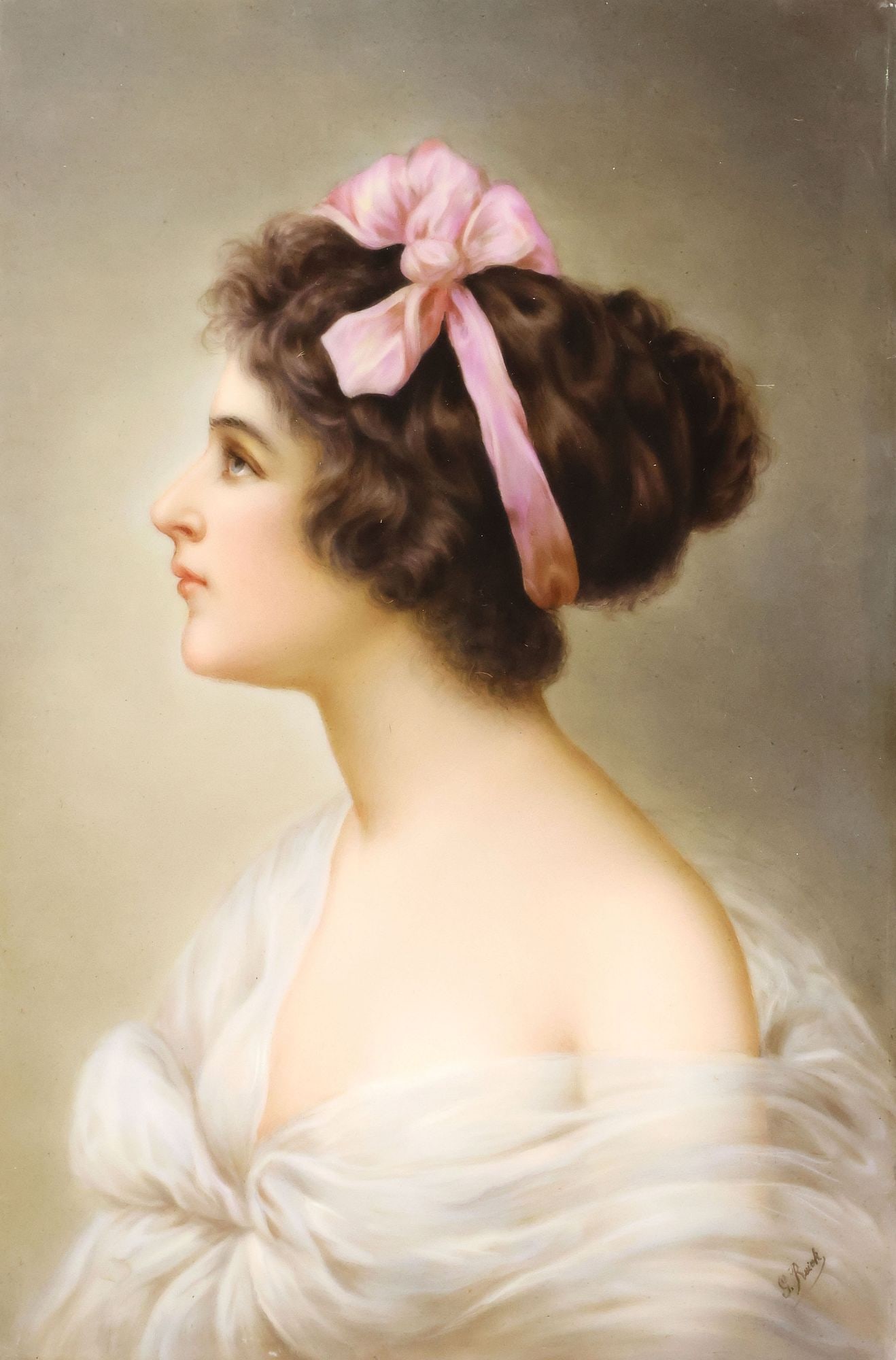 ROYAL VIENNA STYLE PAINTED PORCELAIN PLAQUE, FEMALE BEAUTY: Royal Vienna style hand-painted porcelain plaque, "Liebesernachen (Love Potions)," signed lower right G. Reiek, inscribed verso after OSW Richter (Oswald Richter, 19th c.), with beehive-style mark,