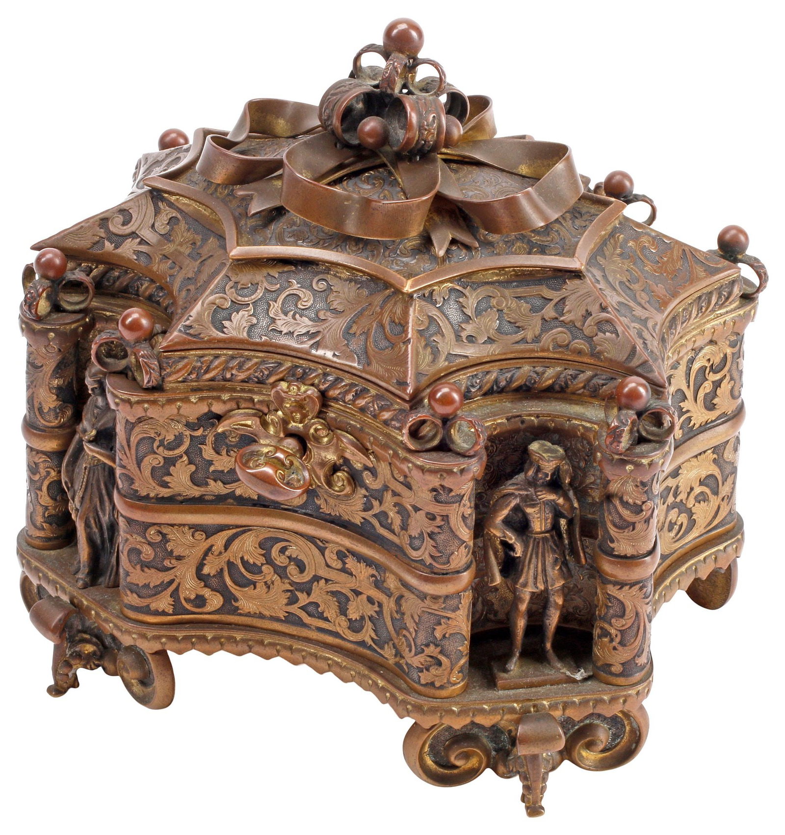 FRENCH PATINATED BRONZE JEWELRY CASKET WITH FIGURAL NICHES (1 of 6)