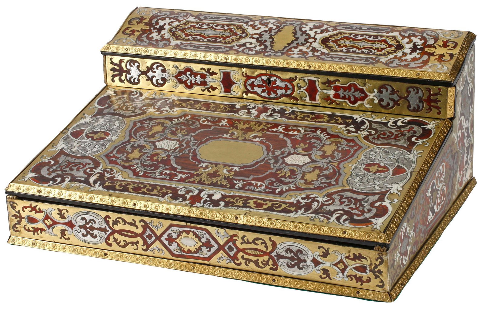 FRENCH NAPOLEON III BOULLE-STYLE MARQUETRY-INLAID LAP DESK / WRITING SLOPE: French Napoleon III lap desk or writing slope, 19th c., profusely decorated with Boulle-style cut brass marquetry, dually-hinged top revealing writing surface and interior storage, approx 7"h, 6"w, 12