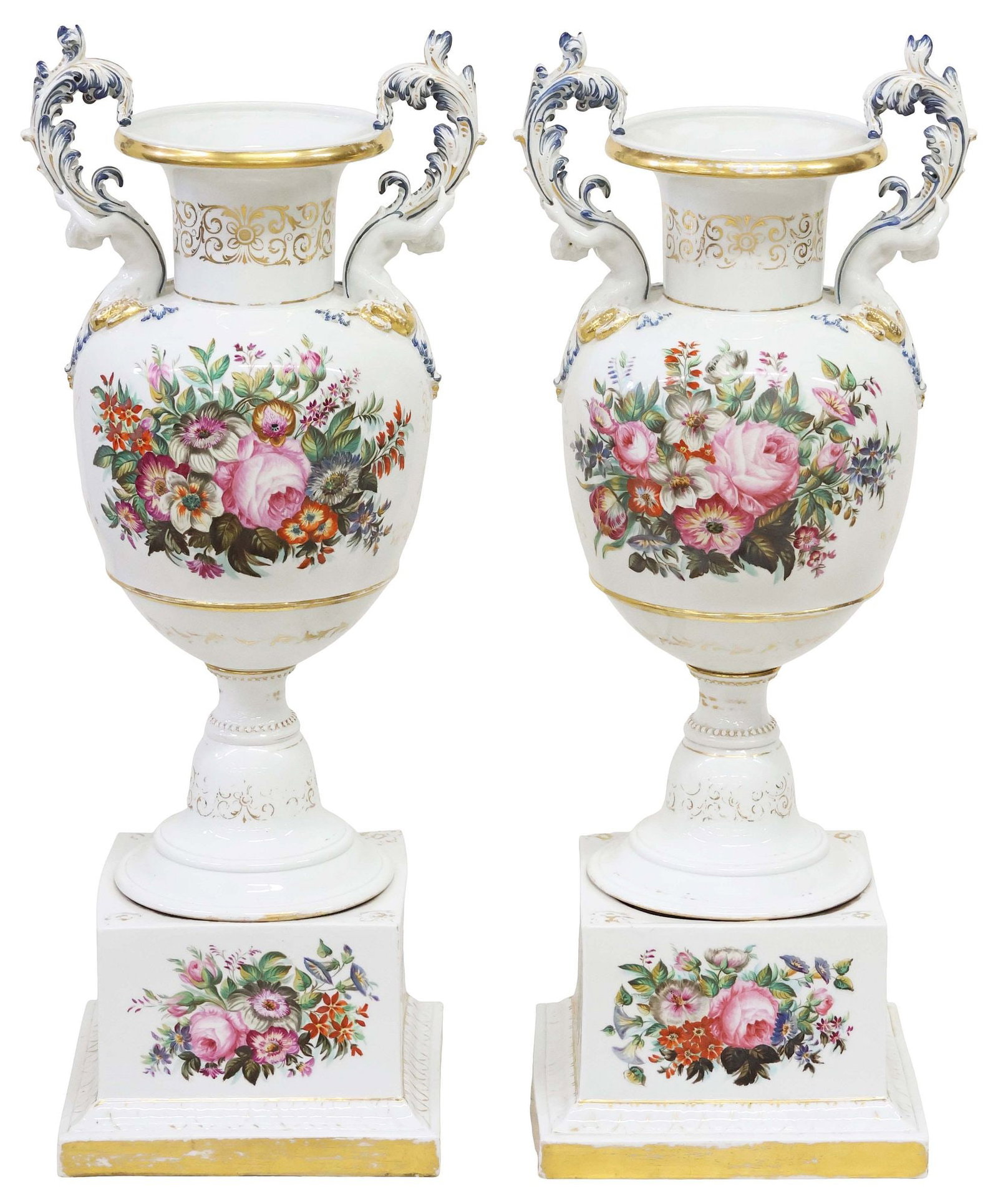 (2) LARGE MEISSEN STYLE PARCEL-GILT PORCELAIN PEDESTAL VASES, 32.75"H (1 of 6)