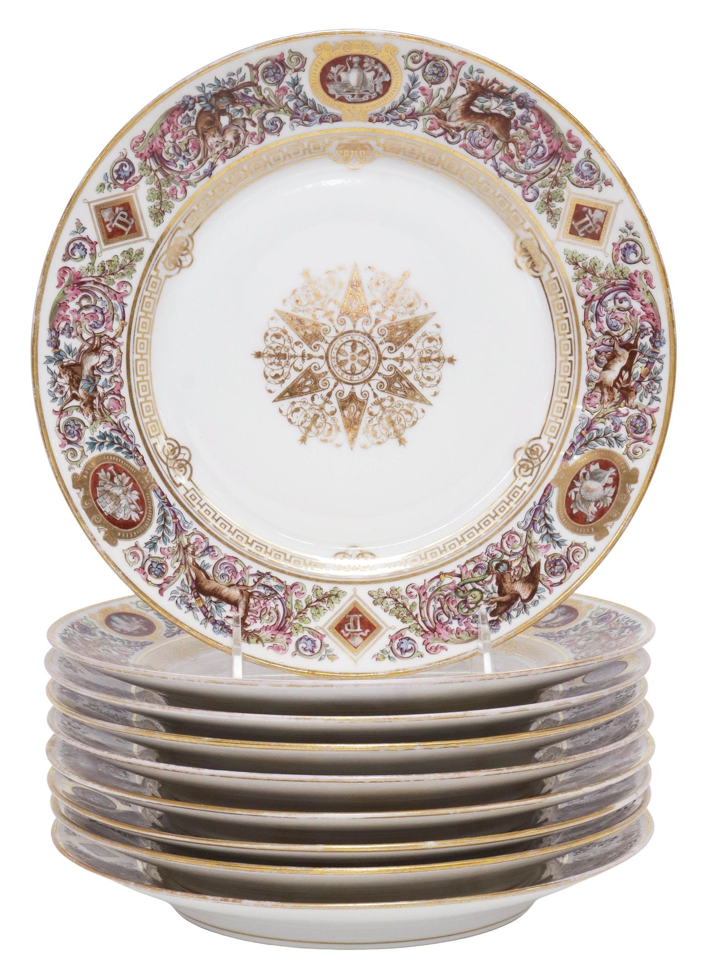 (9) SEVRES STYLE 'CHATEAU DE FONTAINEBLEAU' PARCEL-GILT PORCELAIN PLATES (1 of 3)