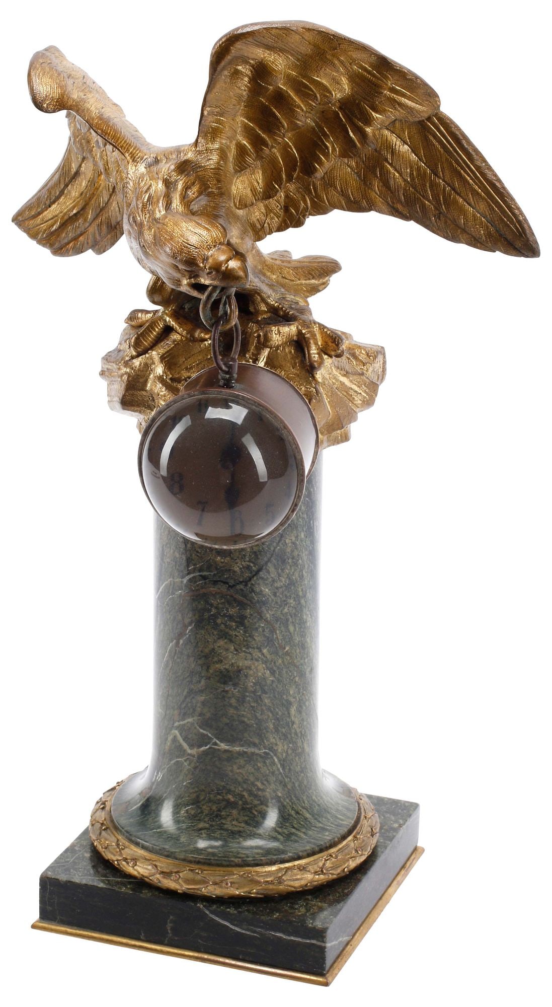 FRENCH ORMOLU EAGLE HANGING GLASS BALL CLOCK ON MARBLE PEDESTAL (1 of 4)