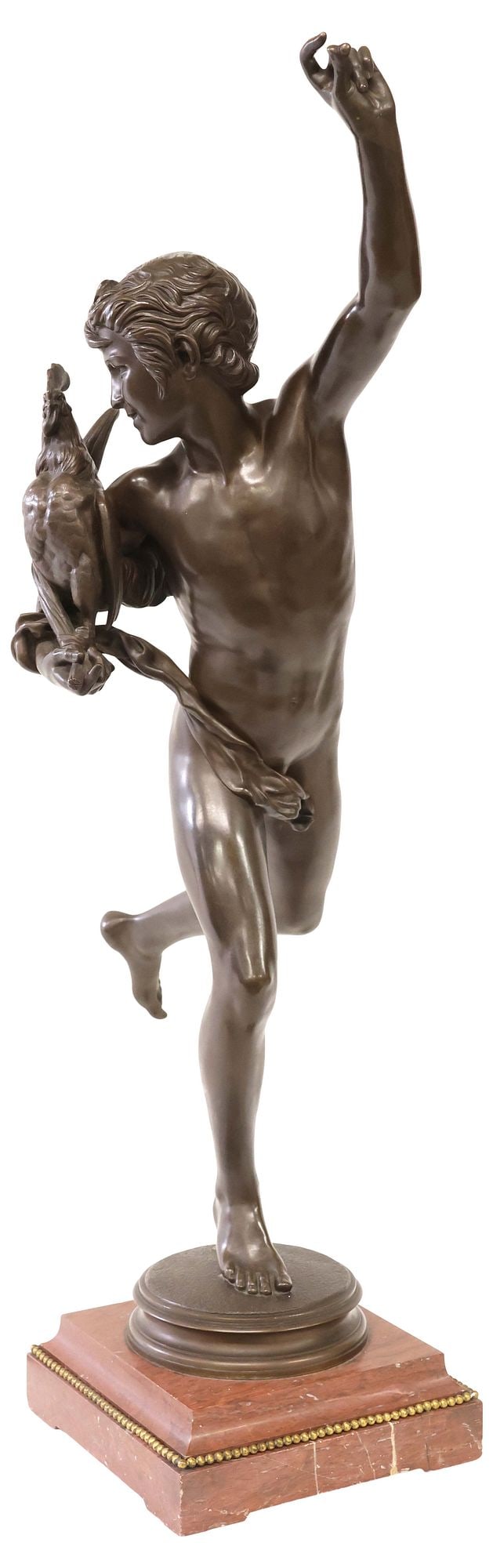 ALEXANDRE FALGUIERE (1831-1900) BRONZE FIGURE, WINNER OF THE COCKFIGHT: Patinated bronze sculpture, "Le Vainqueur au Combat de Coqs (The Winner of the Cockfight)," signed in cast A. Falguiere (Jean Alexandre Joseph Falguiere, French, 1831-1900), on integral rouge marble b