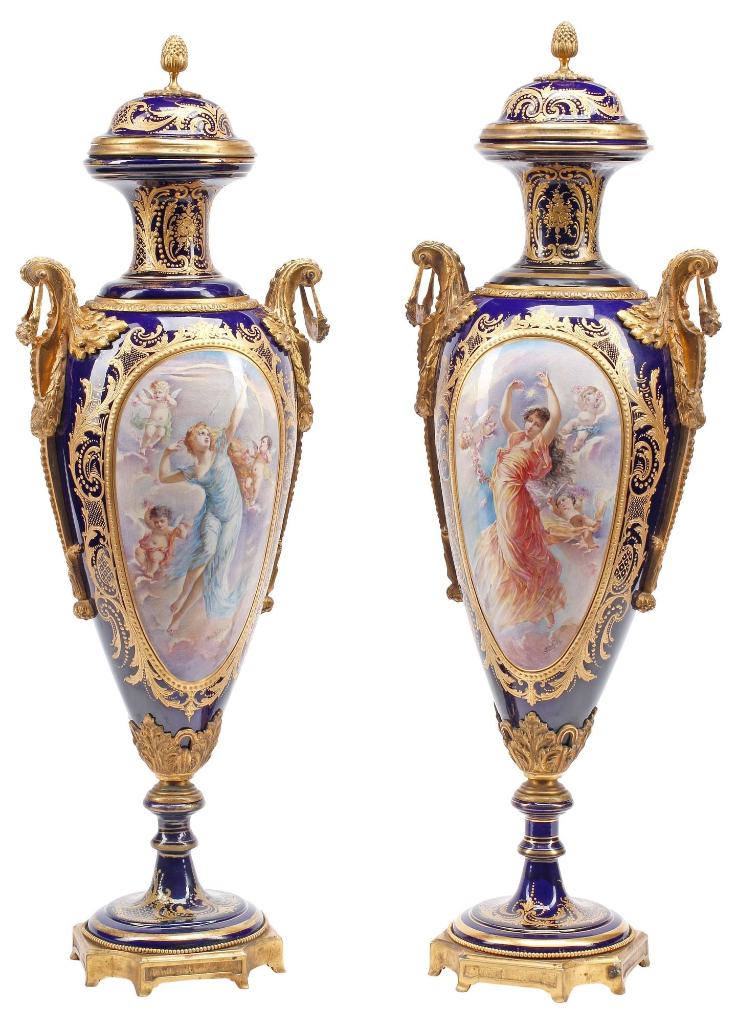(2) LARGE SEVRES STYLE MOUNTED COBALT PORCELAIN VASES & COVERS, 33"H (1 of 11)
