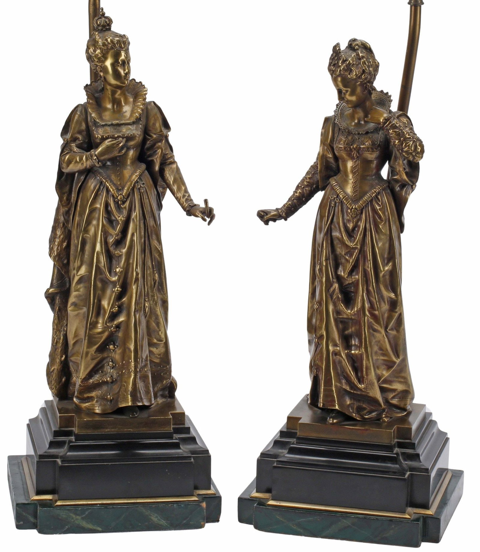 (2) AFTER EUTROPE BOURET (D.1906) BRONZE FIGURES OF QUEENS, NOW AS TABLE LAMPS (1 of 8)