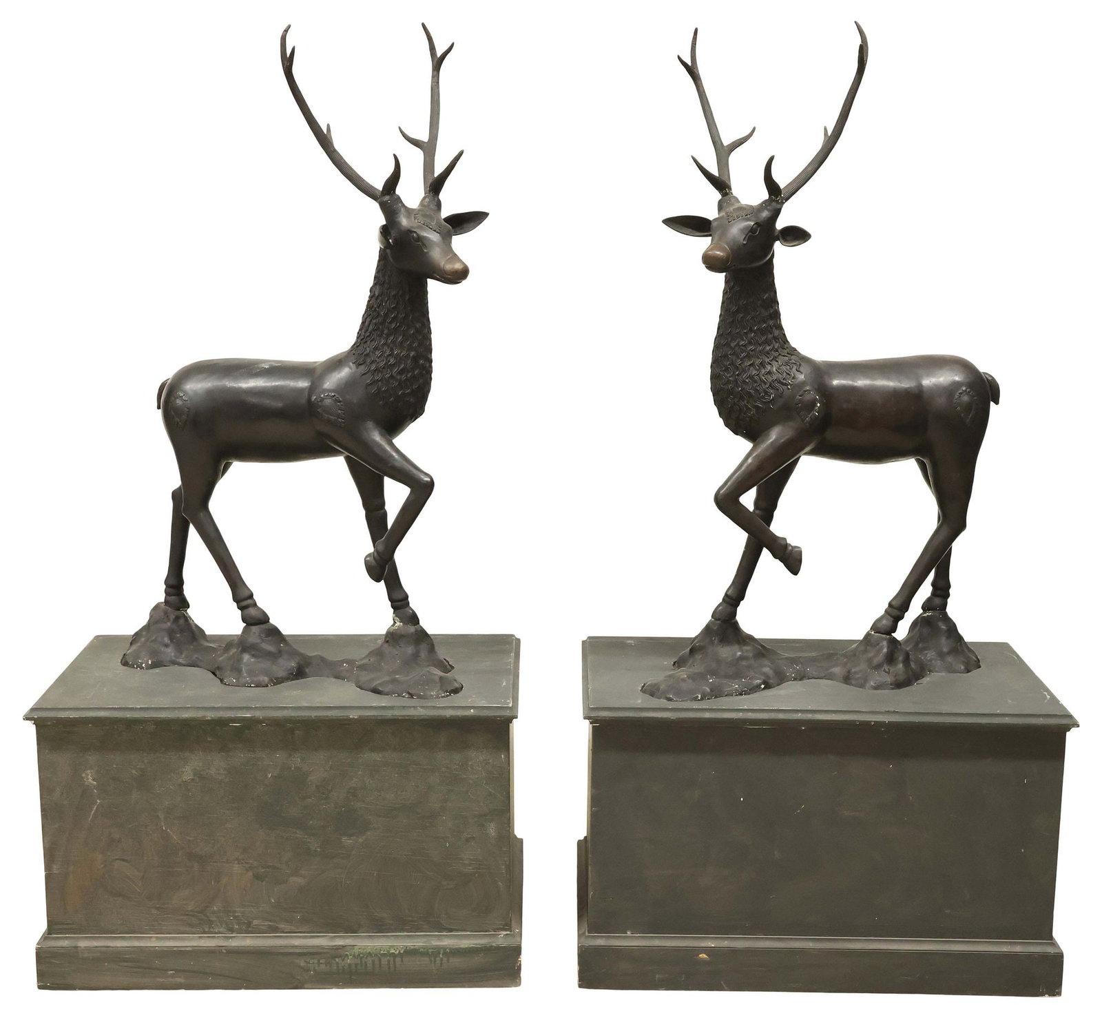 (2) MONUMENTAL PATINATED BRONZE STAG SCULPTURES ON PEDESTALS, 75"H (1 of 5)
