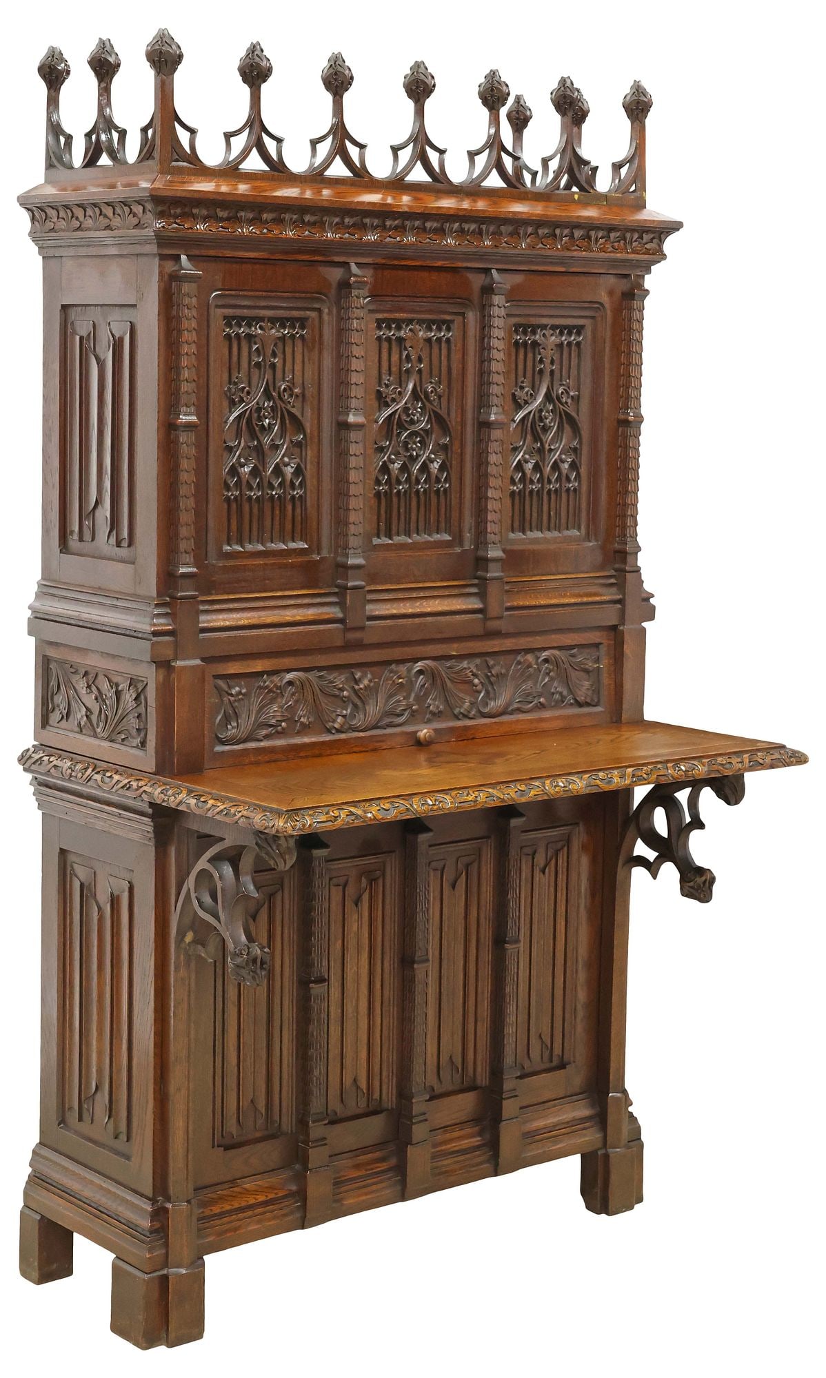 FRENCH GOTHIC REVIVAL CARVED OAK WRITING TABLE / SECRETARY (1 of 6)