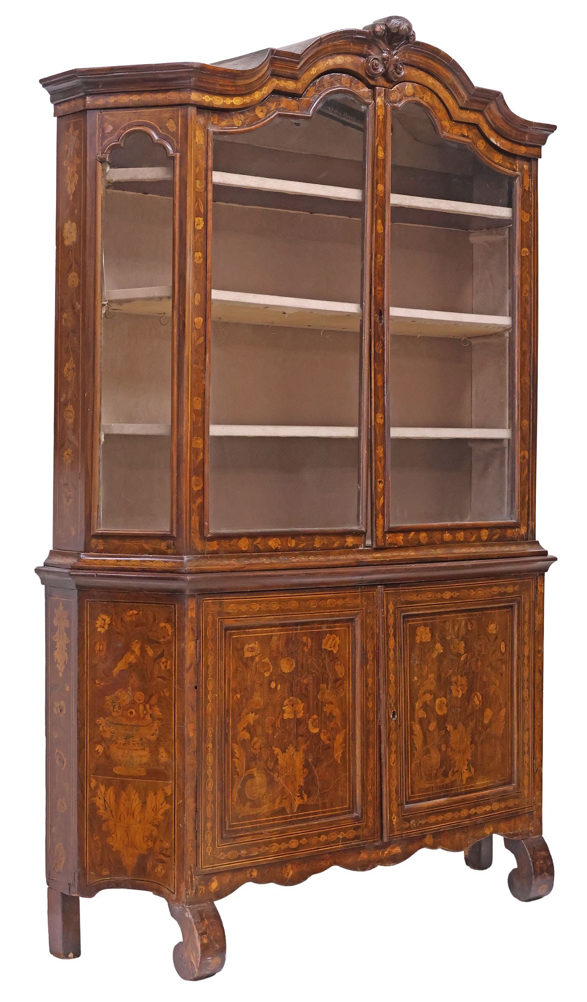 DUTCH FLORAL MARQUETRY & INLAID WALNUT DISPLAY CABINET / BOOKCASE, EARLY 19TH C. (1 of 4)