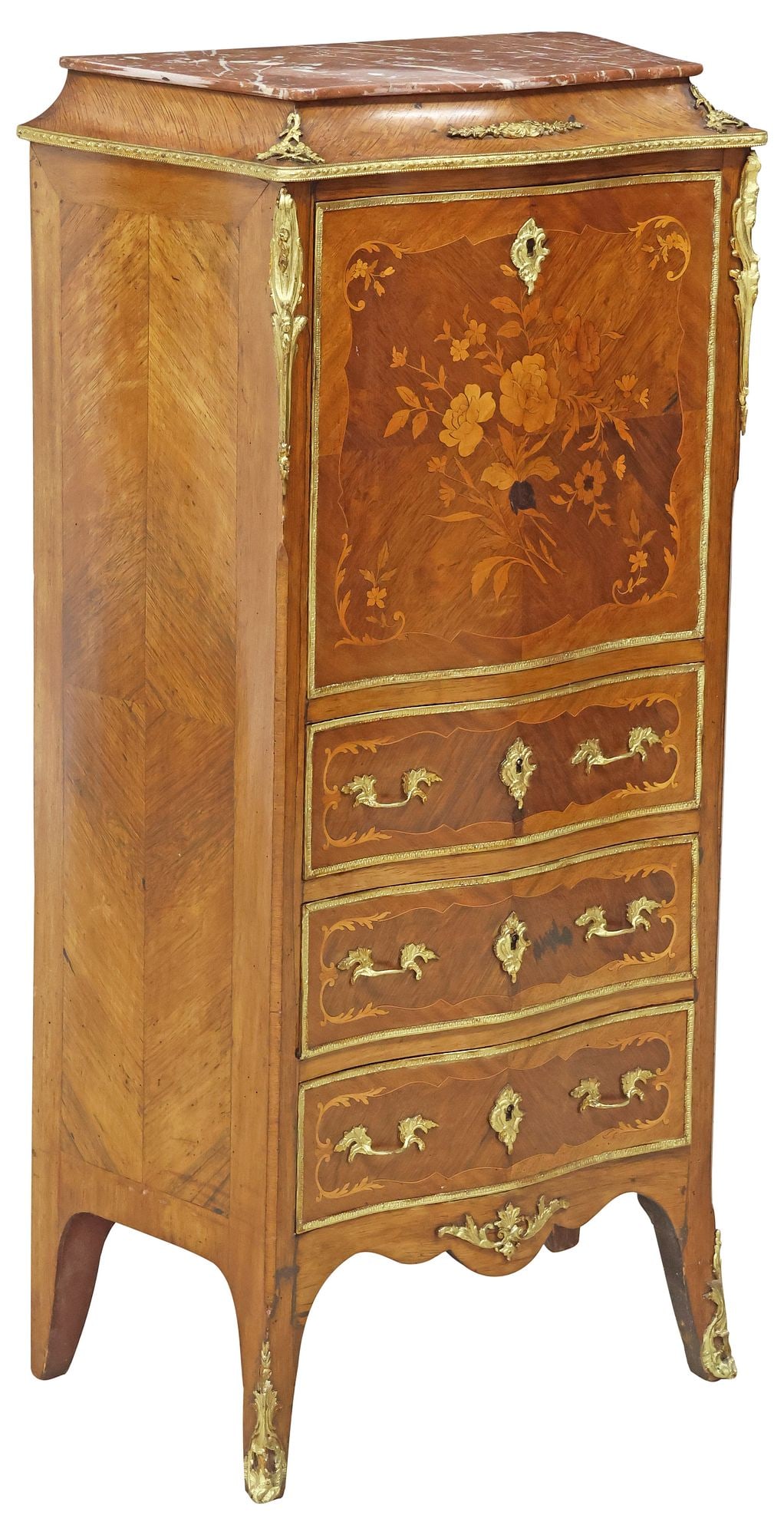 FRENCH LOUIS XV STYLE MARBLE-TOP MARQUETRY FALL-FRONT SECRETARY (1 of 7)