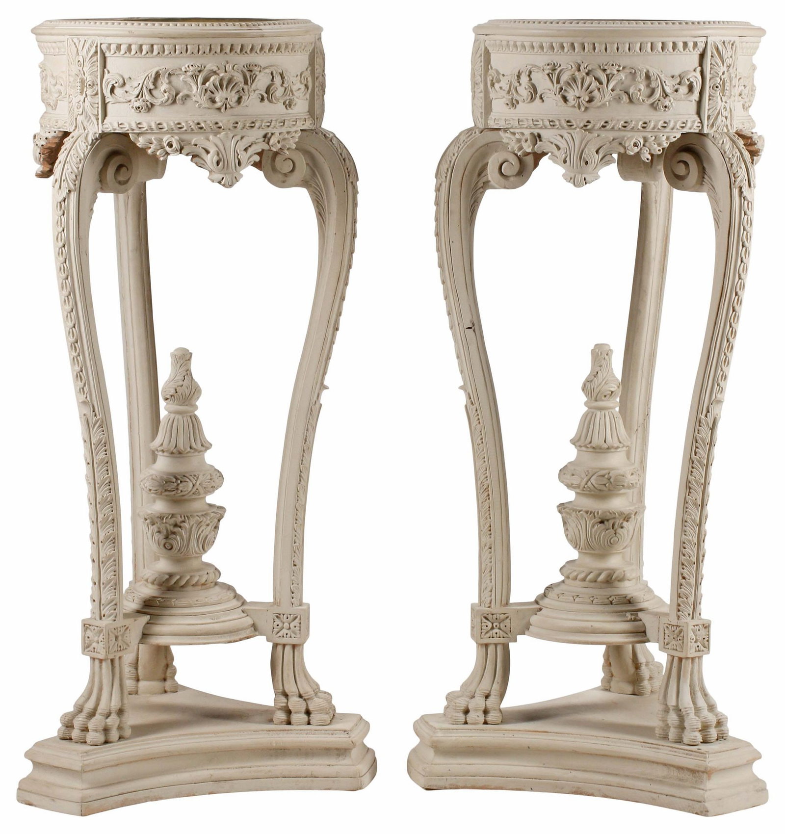 (2) REGENCE STYLE WHITE-PAINTED STANDING JARDINIERES / PLANTERS: (pair) Regence style white-painted standing planters/ jardinieres, each having circular basin with removable liner, on tripartite stand, ending on paw feet in integral platform, approx 52"h, 22"diam