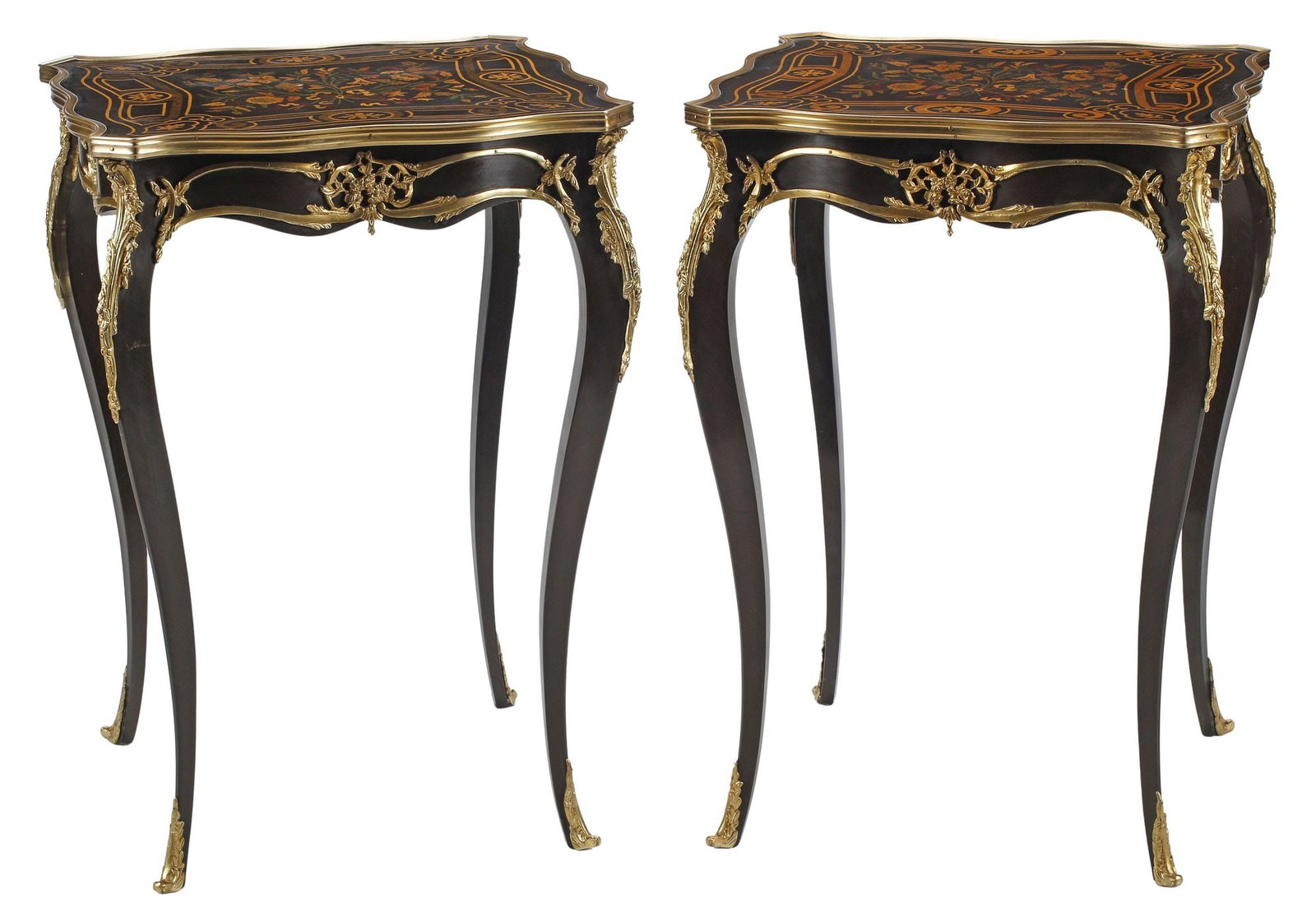 (2) LOUIS XV STYLE ORMOLU-MOUNTED POLYCHROME MARQUETRY SIDE TABLES: (pair) Louis XV style inlaid side tables, with bronze dore mounts, shaped top with polychrome floral marquetry motifs, rising on cabriole legs, ending on sabots, approx 30.5"h, 21.5"w,