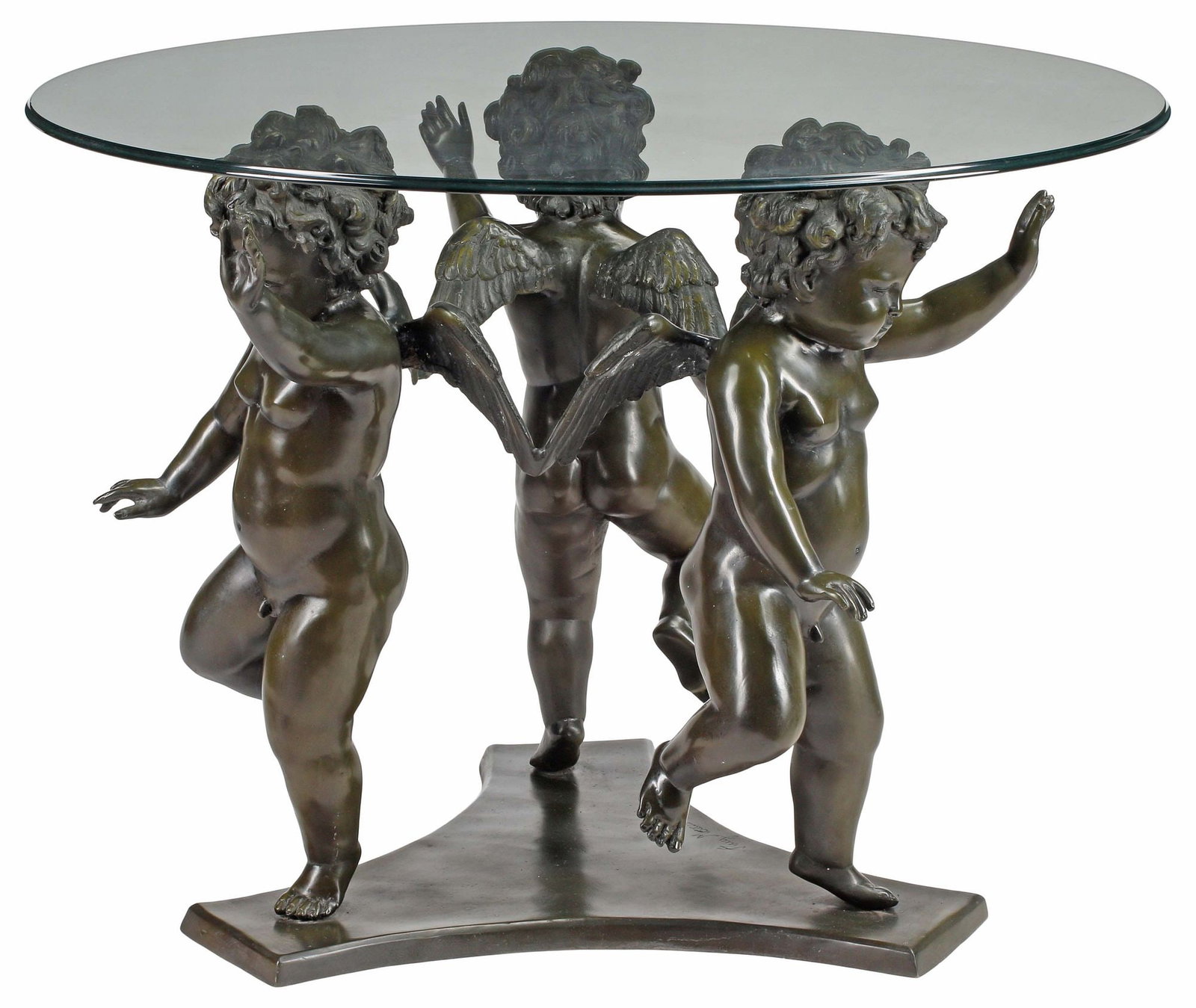 AFTER MOREAU GLASS-TOP BRONZE CHERUBS SCULPTURAL TABLE: Rococo style patinated bronze center table, sculptural base modeled as three winged putti, signed in cast after Auguste Moreau (French, 1834-1917), supporting circular glass top, approx 32.5"h,