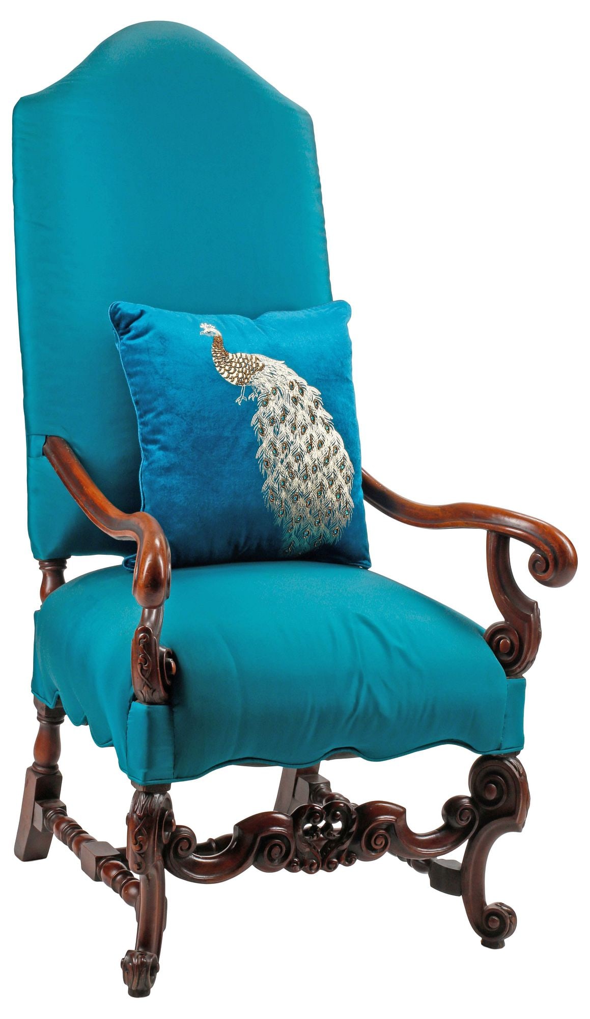 ROCOCO STYLE CARVED & TEAL-UPHOLSTERED ARMCHAIR: Rococo style carved wood armchair, 19th c., having padded back and seat in teal upholstery, scrolled handholds, on stretcher-joined cabriole legs, accompanied by throw pillow with peacock motif,