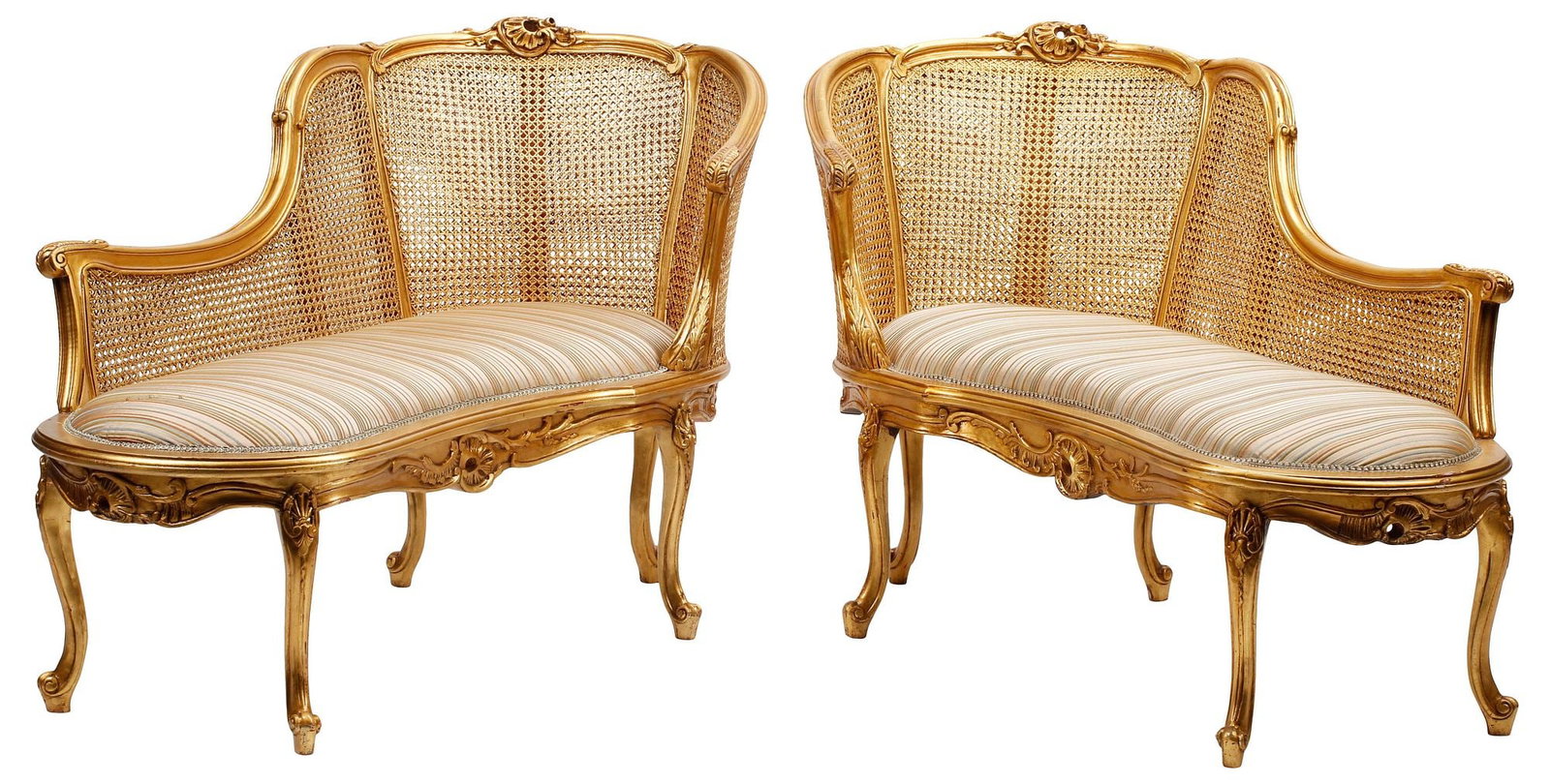 (2) LOUIS XV STYLE CANED & UPHOLSTERED GILTWOOD CHAISE LOUNGES / RECAMIERS (1 of 6)