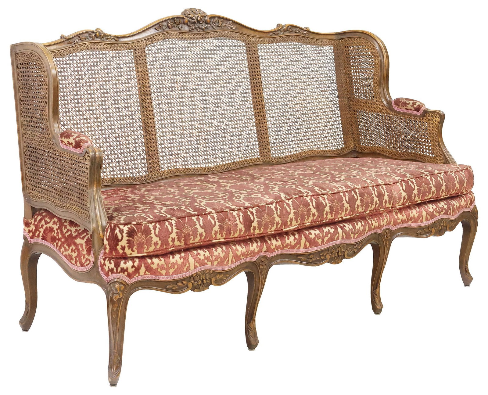 FRENCH LOUIS XV STYLE CANED WALNUT SALON SETTEE / SOFA (1 of 4)