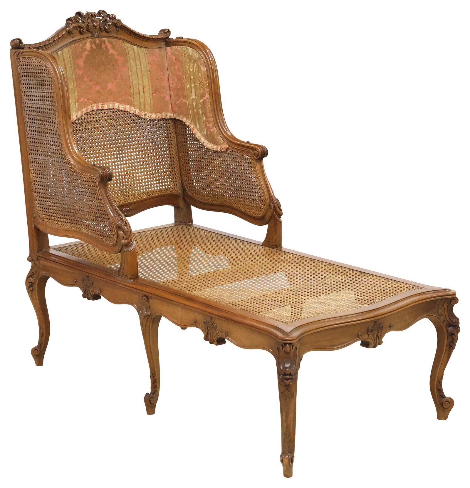 FRENCH LOUIS XV STYLE CANED & CARVED WALNUT CHAISE LOUNGE (1 of 4)