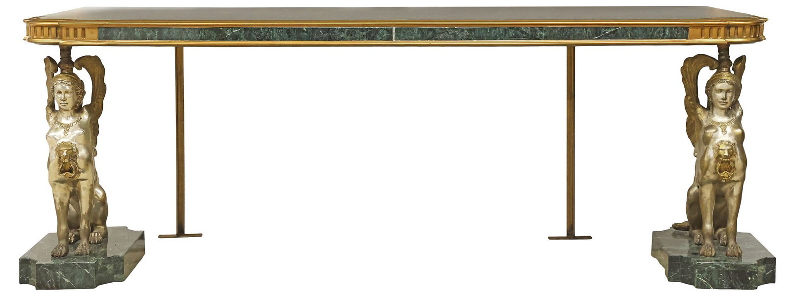 LARGE EMPIRE STYLE MARBLE-INSET BRONZE SPHINX CONSOLE TABLE, 84"L: Empire style console table, 20th c., shaped marble-inset top, with cold-painted fluted bronze trim, raised on parcel-gilt and silvered bronze sphinx-form supports, ending on marble plinth, approx