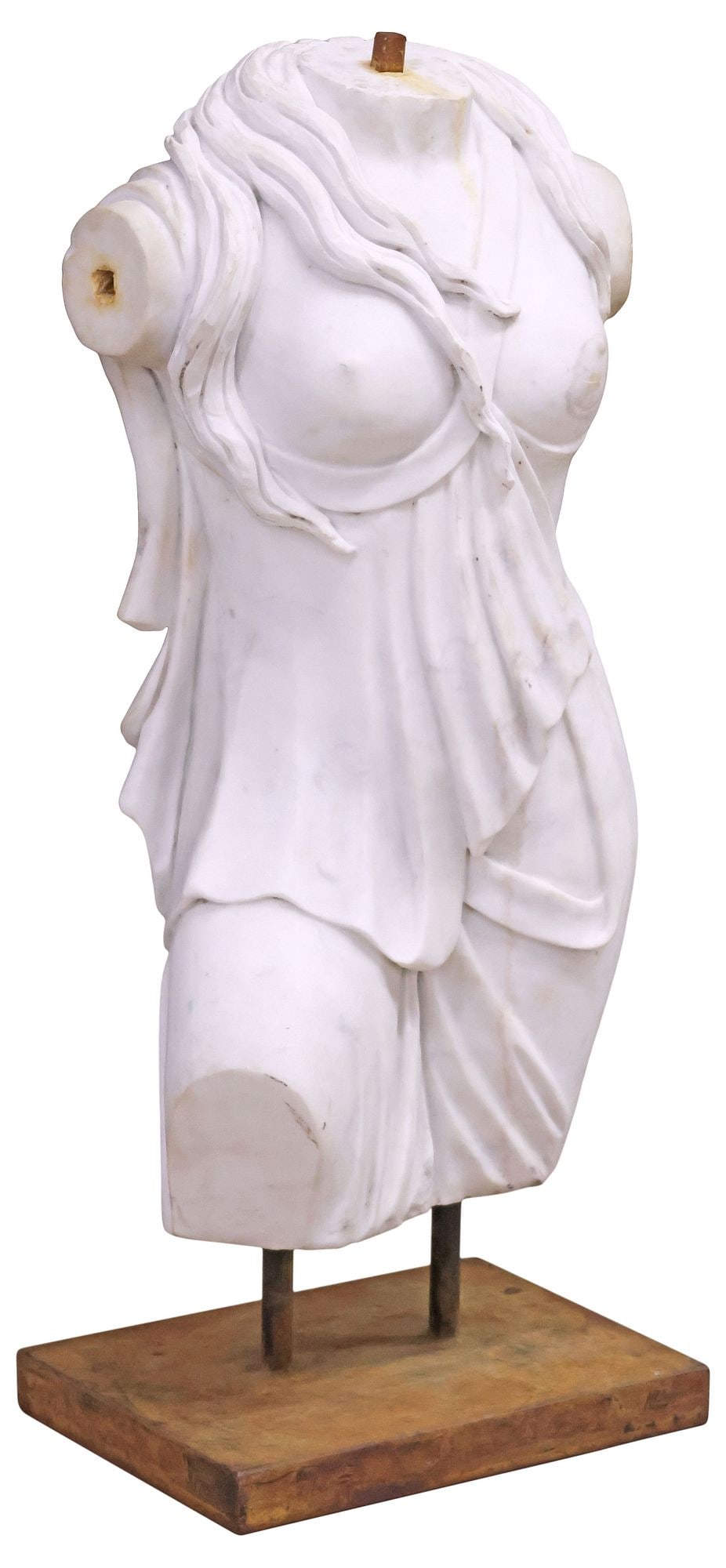 CLASSICAL STYLE MARBLE SCULPTURE, DRAPED FEMALE TORSO, 33"H: Classical style carved marble sculpture, Draped Allegorical Female Torso, on an iron plinth, overall: approx 33"h, 13.5"w, 10"d **Provenance: Treasures from the vaults of a Dallas