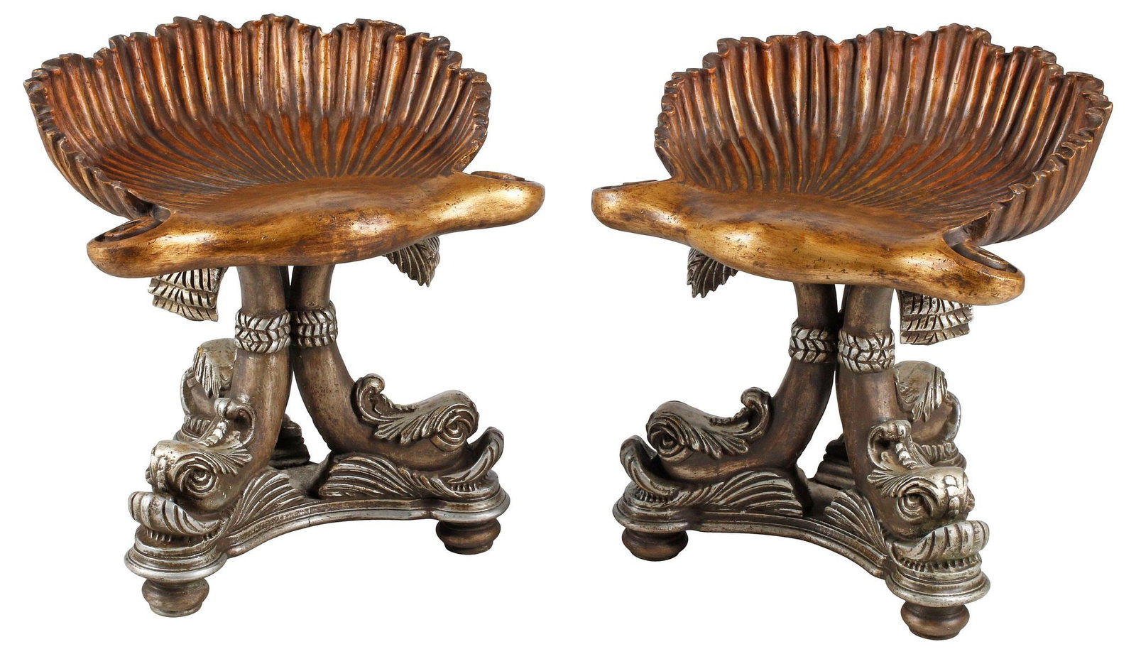 (2) VENETIAN STYLE CARVED WOOD PARCEL-GILT SHELL-FORM & DOLPHIN 'GROTTO' CHAIRS (1 of 5)