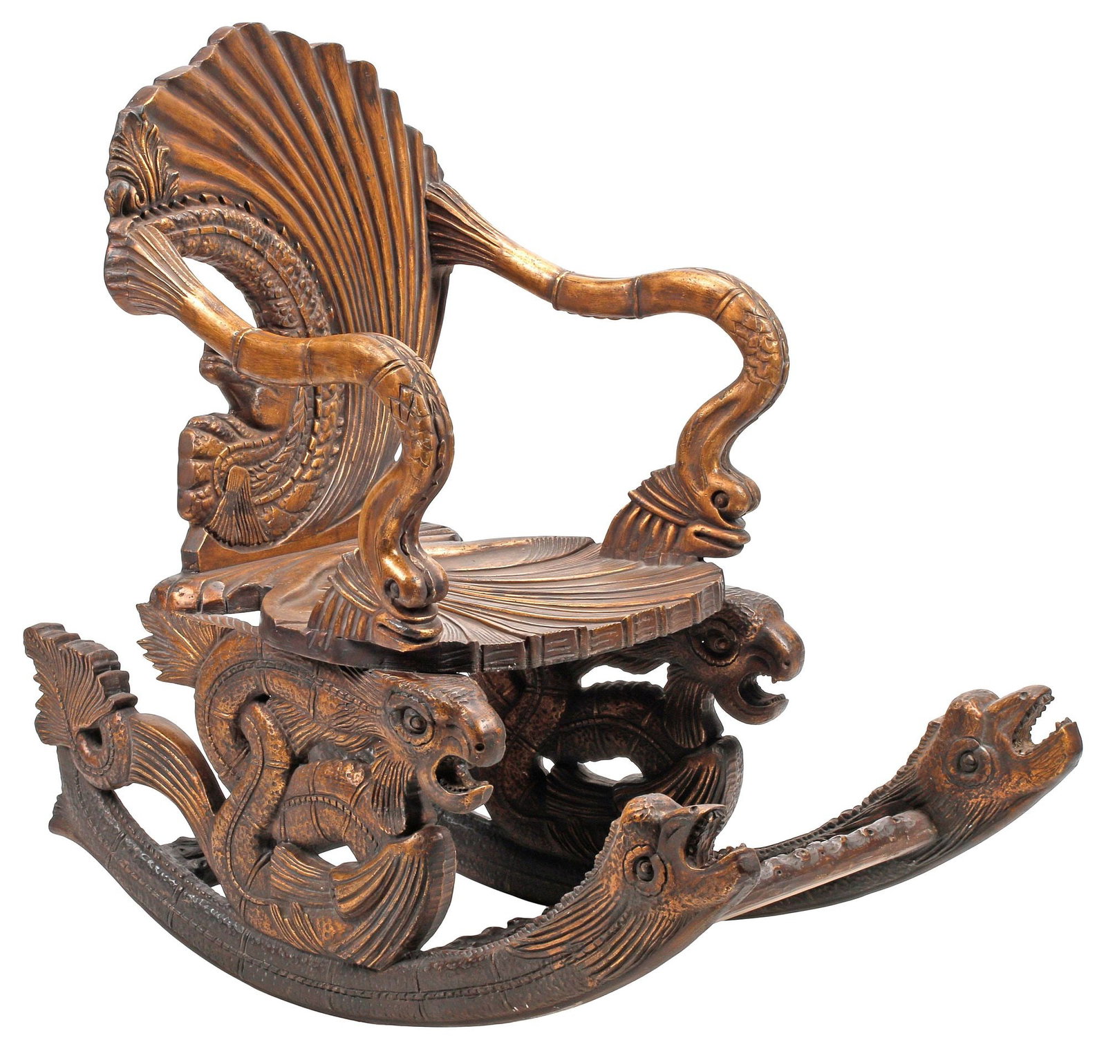 VENETIAN STYLE 'GROTTO' GILTWOOD FANTASY ROCKING CHAIR: Venetian style "grotto" giltwood fantasy rocking chair, the arched shell-form back and conforming seat, with curved arms terminating in dolphin heads, on opposing fish-form runners, approx 42"h, 27"w,