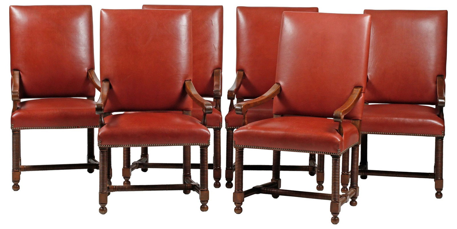 (6) RING-TURNED & UPHOLSTERED LEATHER HIGHBACK ARMCHAIRS (1 of 6)