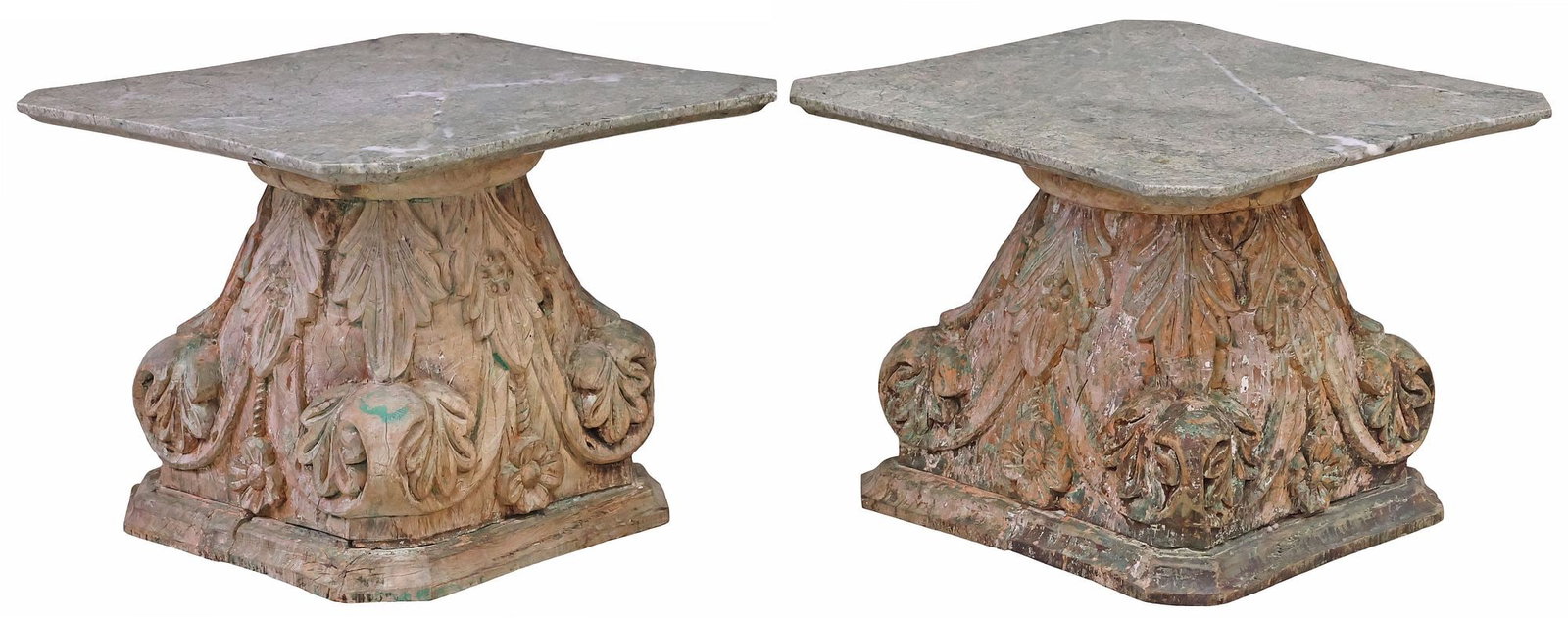(2) ASSEMBLED MARBLE-TOP SIDE TABLES ON ARCHITECTURAL CAPITAL BASES (1 of 4)