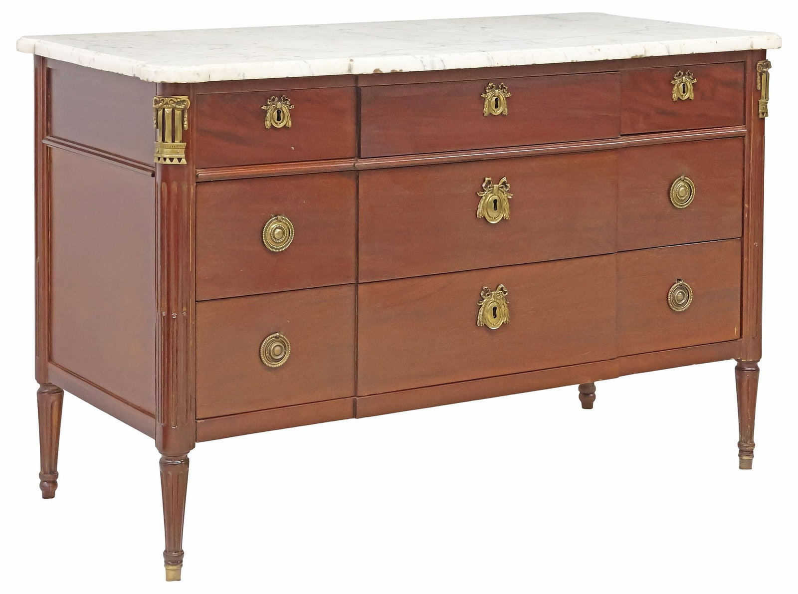FRENCH LOUIS XVI STYLE MARBLE-TOP MAHOGANY BREAKFRONT COMMODE (1 of 5)