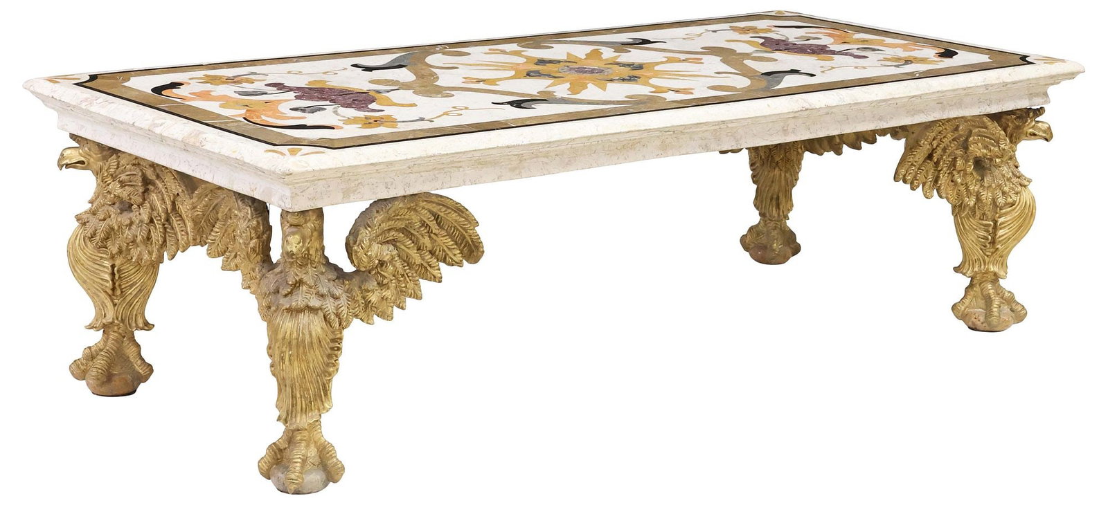 ITALIANATE GILTWOOD & PIETRA DURA INLAID STONE-TOP EAGLE COFFEE TABLE (1 of 5)