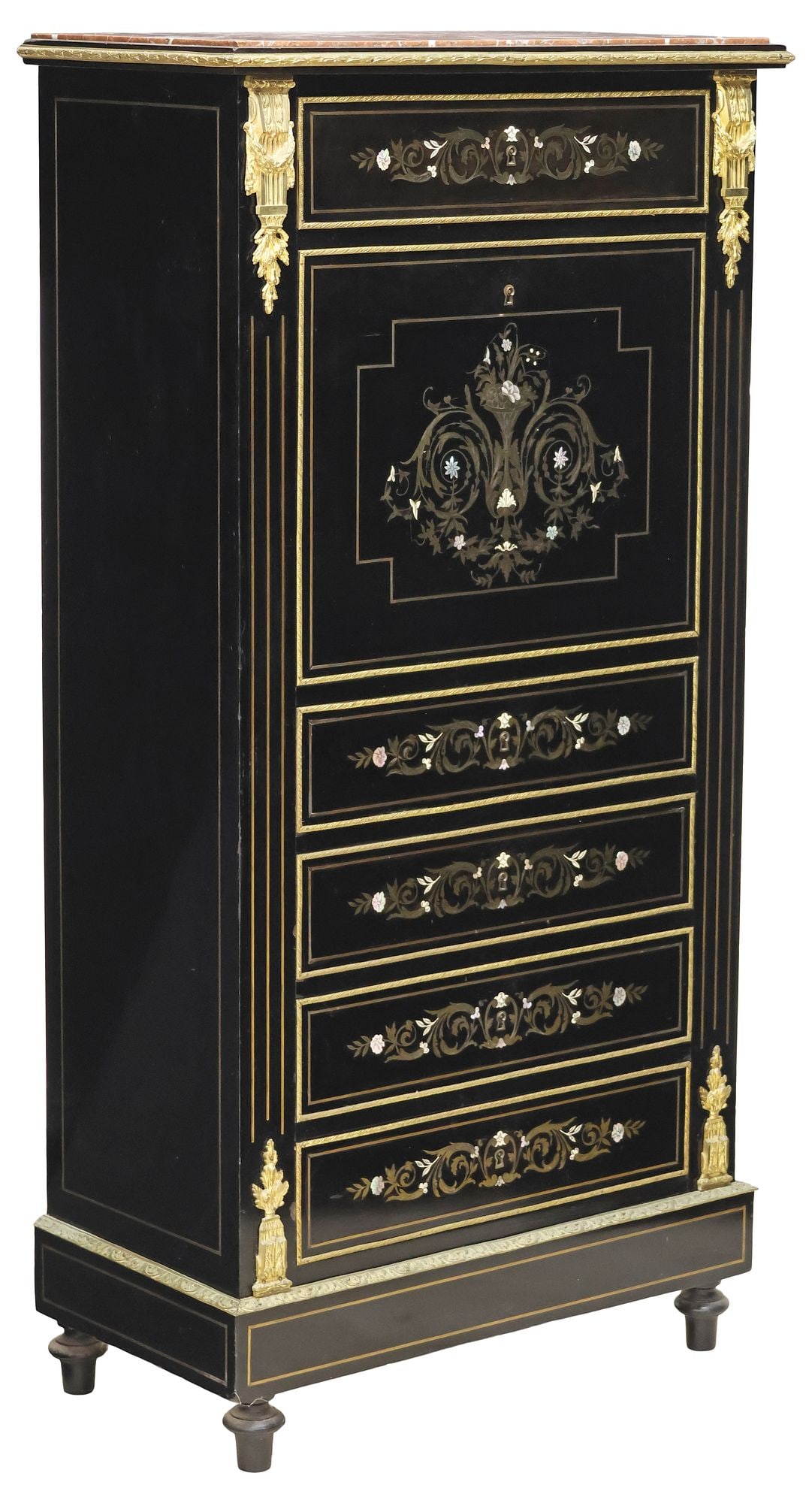 FRENCH NAPOLEON III MARBLE-TOP BRASS-INLAID & LACQUERED SECRETARY (1 of 7)