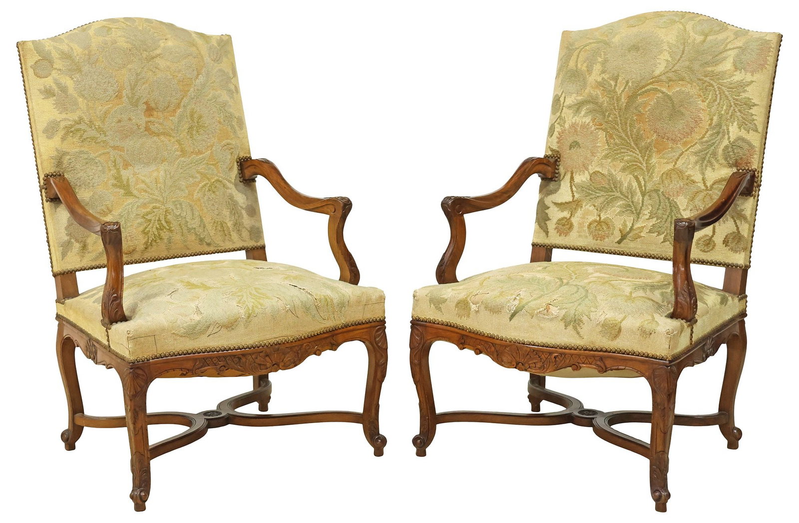 (2) FRENCH LOUIS XV STYLE UPHOLSTERED WALNUT ARMCHAIRS / FAUTEUILS (1 of 3)