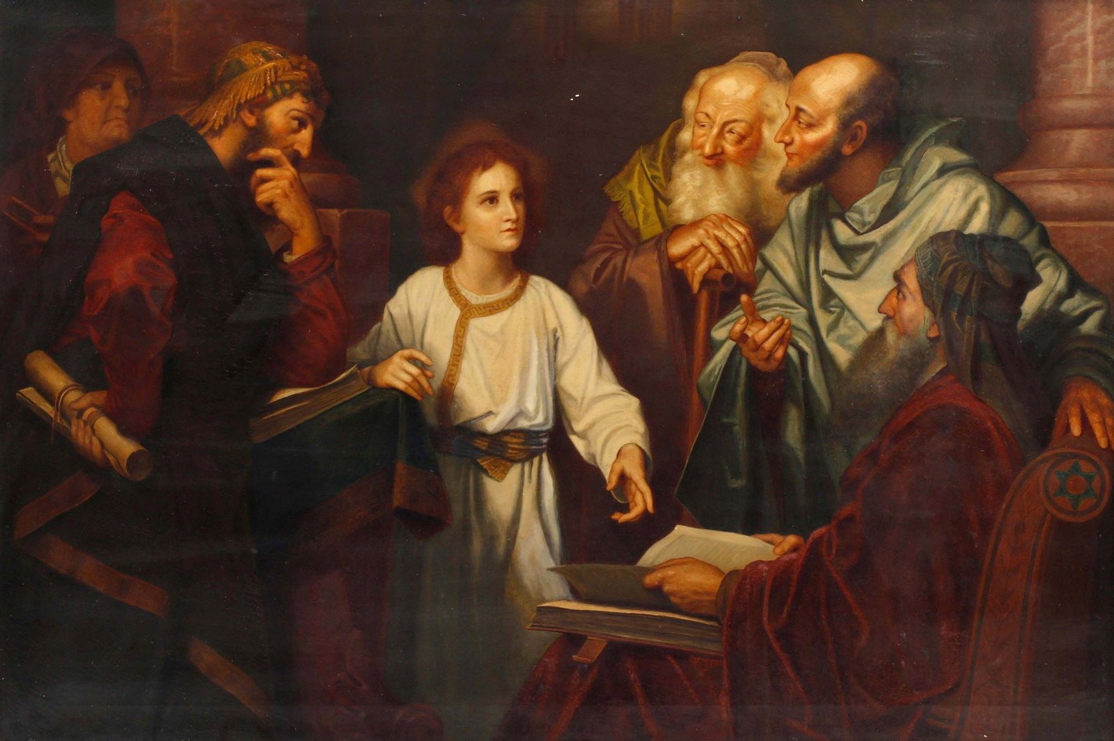 AFTER HEINRICH HOFMANN (1824-1911) PAINTING, 'JESUS IN THE TEMPLE,' 40" X 60": Framed oil on canvas painting, "Jesus in the Temple," after Heinrich Hofmann (German, 1824-1911), apparently unsigned, sight: approx 40"h, 60"w, overall: approx 42.75"h, 62.5"w, 13.5lbs