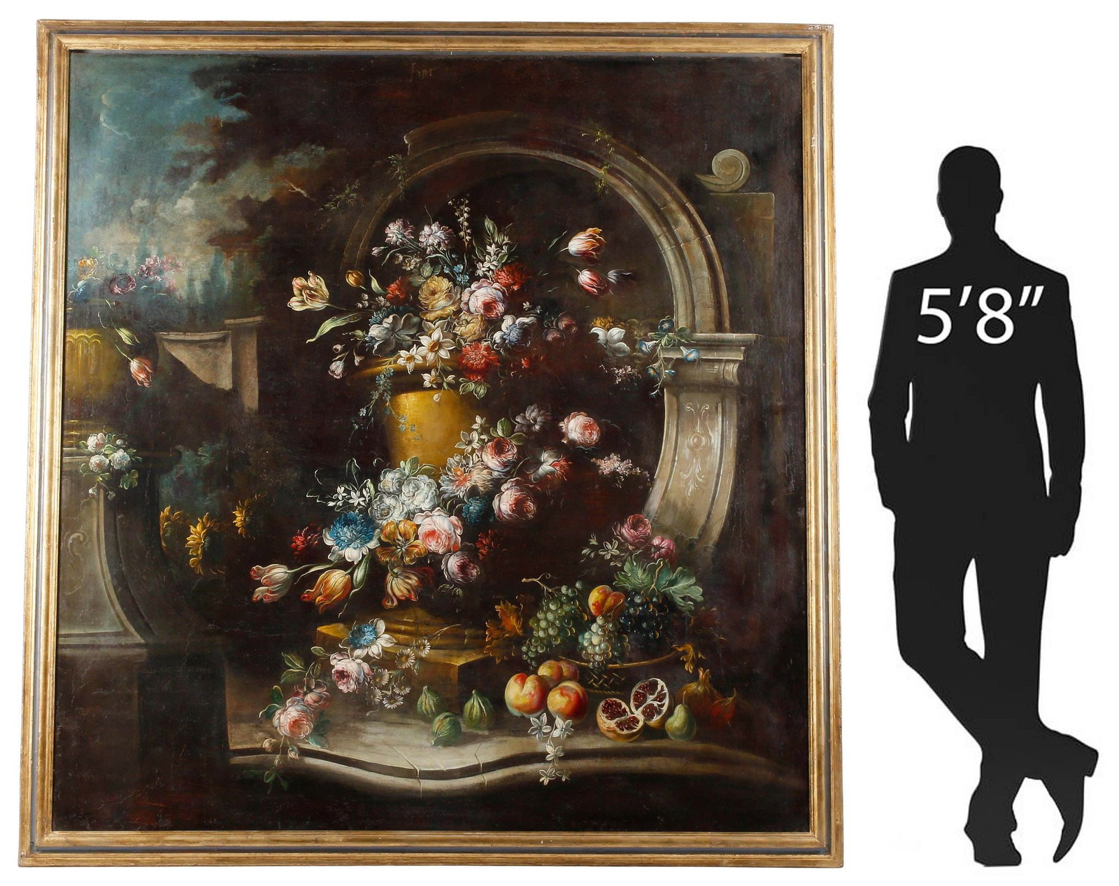 LARGE CONTINENTAL SCHOOL PAINTING, STILL LIFE WITH FLOWERS & FRUIT, 75" X 71": Framed Continental School oil on canvas painting, Still Life with Flowers and Fruit Amidst Classical Ruins, apparently unsigned, canvas relined, sight: approx 74"h, 70"w, overall: approx 81&