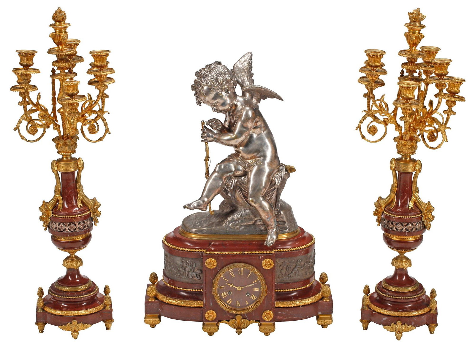 (3) FRENCH MARBLE, SILVERED BRONZE & ORMOLU MANTEL CLOCK & GARNITURE SET (1 of 6)