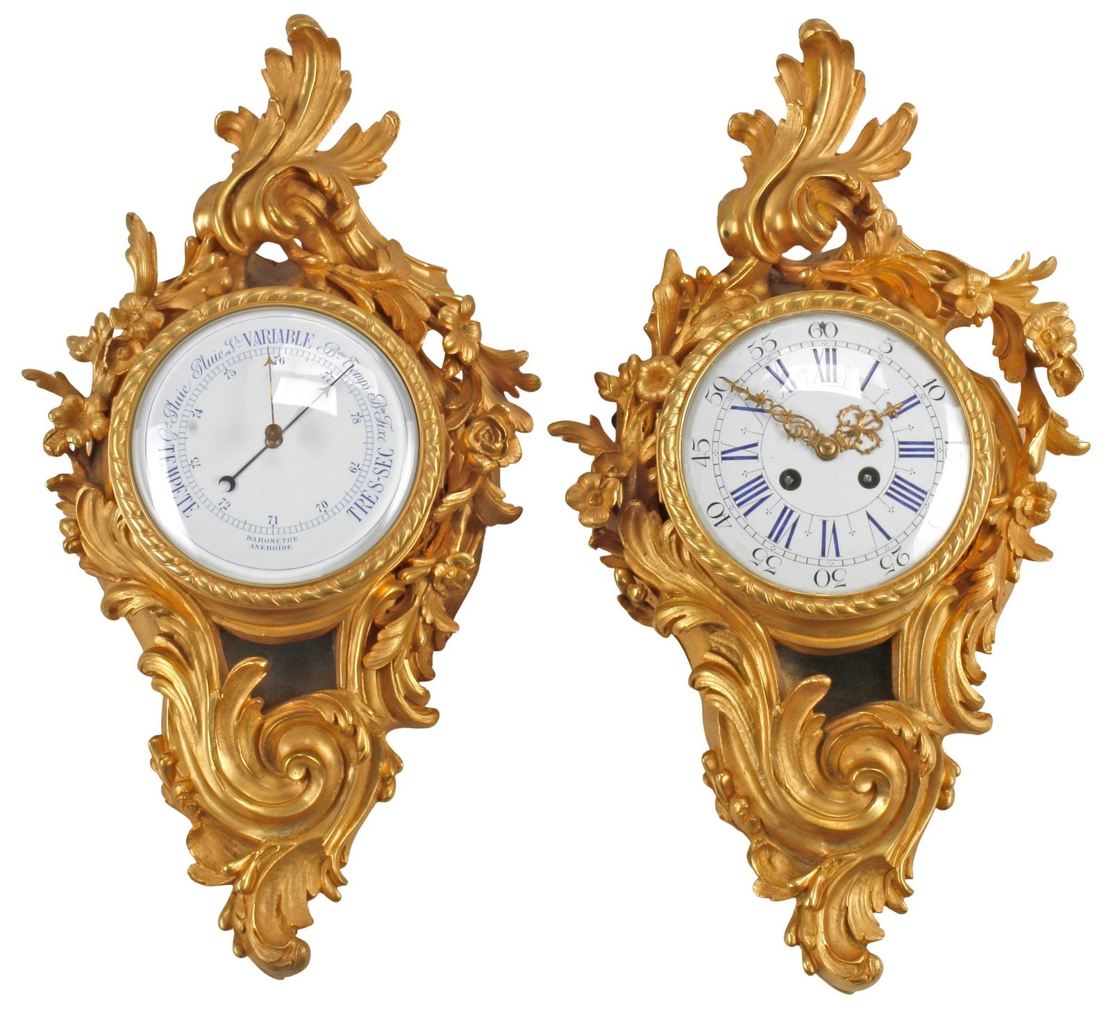 (2) FRENCH LOUIS XV STYLE ORMOLU-FRAMED WALL CLOCK & BAROMETER (1 of 10)