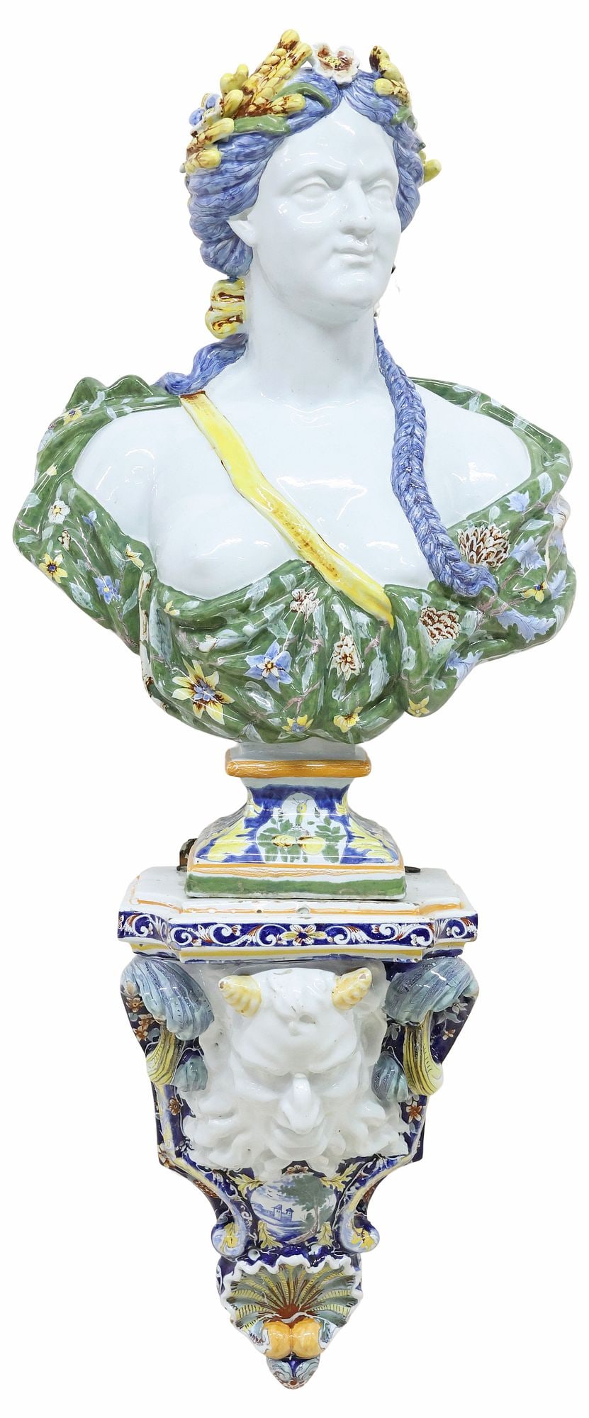 AFTER NICHOLAS FOUQUAY ALLEGORY OF SUMMER FAIENCE BUST ON WALL BRACKET: French tin-glazed earthenware bust and bracket, possibly Samson, after the originals by Nicholas Fouquay (French, 1686-1742), late 19th/ early 20th c., both with spurious inscription "Faict a Rou
