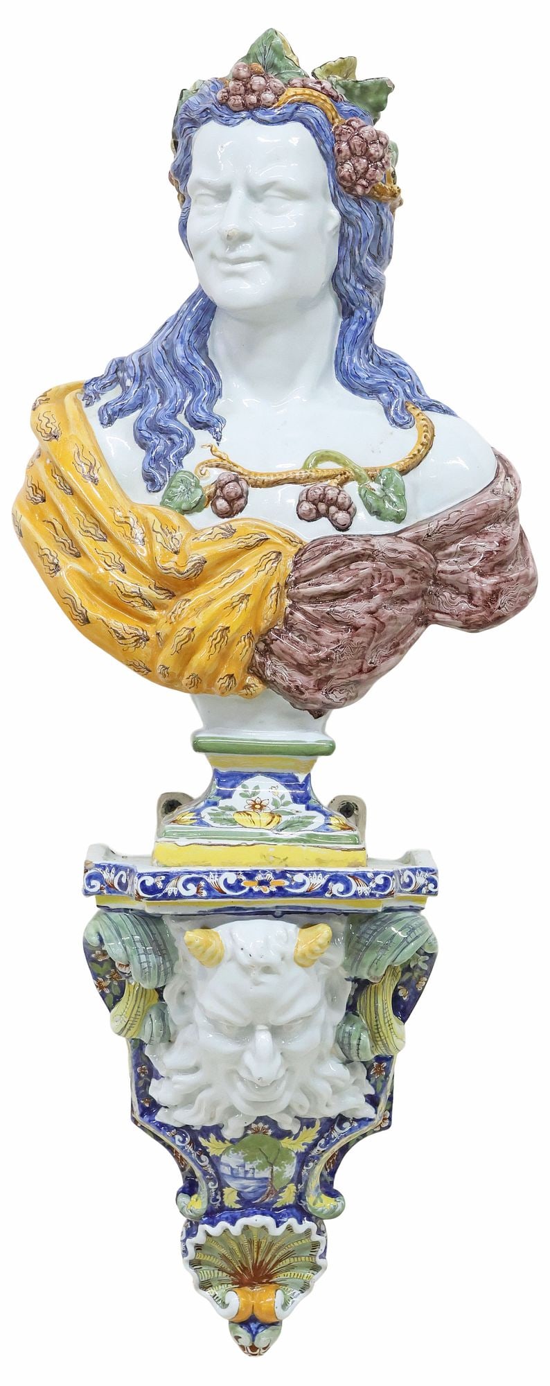 AFTER NICHOLAS FOUQUAY ALLEGORY OF FALL FAIENCE BUST ON WALL BRACKET: French tin-glazed earthenware bust and bracket, possibly Samson, after the originals by Nicholas Fouquay (French, 1686-1742), late 19th/ early 20th c., both with spurious inscription "Faict a Rou