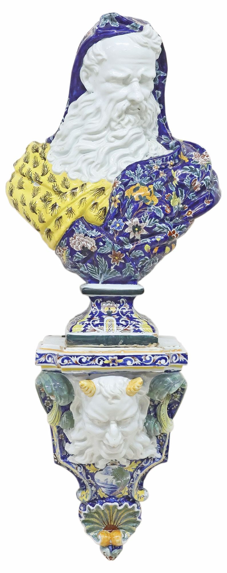 AFTER NICHOLAS FOUQUAY ALLEGORY OF WINTER FAIENCE BUST ON WALL BRACKET: French tin-glazed earthenware bust and bracket, possibly Samson, after the originals by Nicholas Fouquay (French, 1686-1742), late 19th/ early 20th c., both with spurious inscription "Faict a Rou