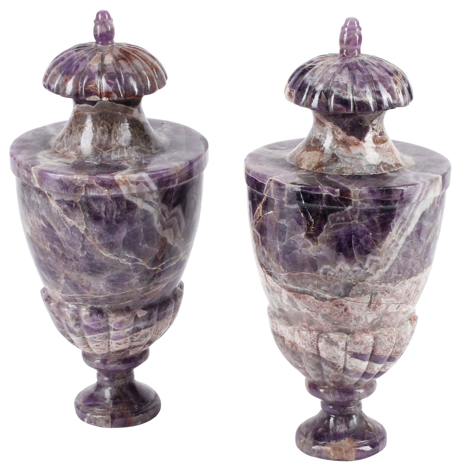 (2) NEOCLASSICAL STYLE BANDED PURPLE HARDSTONE URNS, 12.5"H (1 of 5)